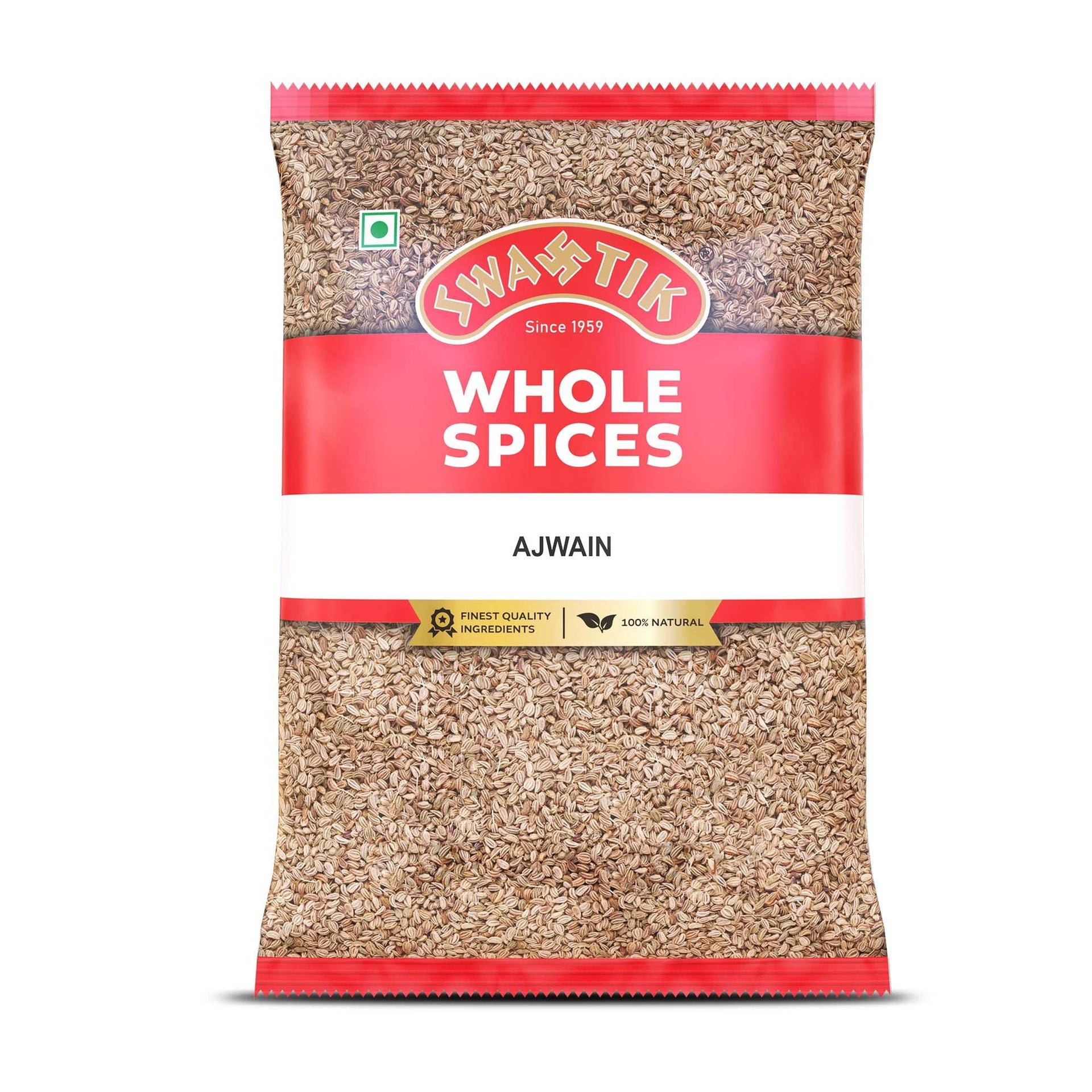 Swastik Ajwain 25g pack – red and white packaging with visible seeds, labeled 100% natural and finest quality ingredients.