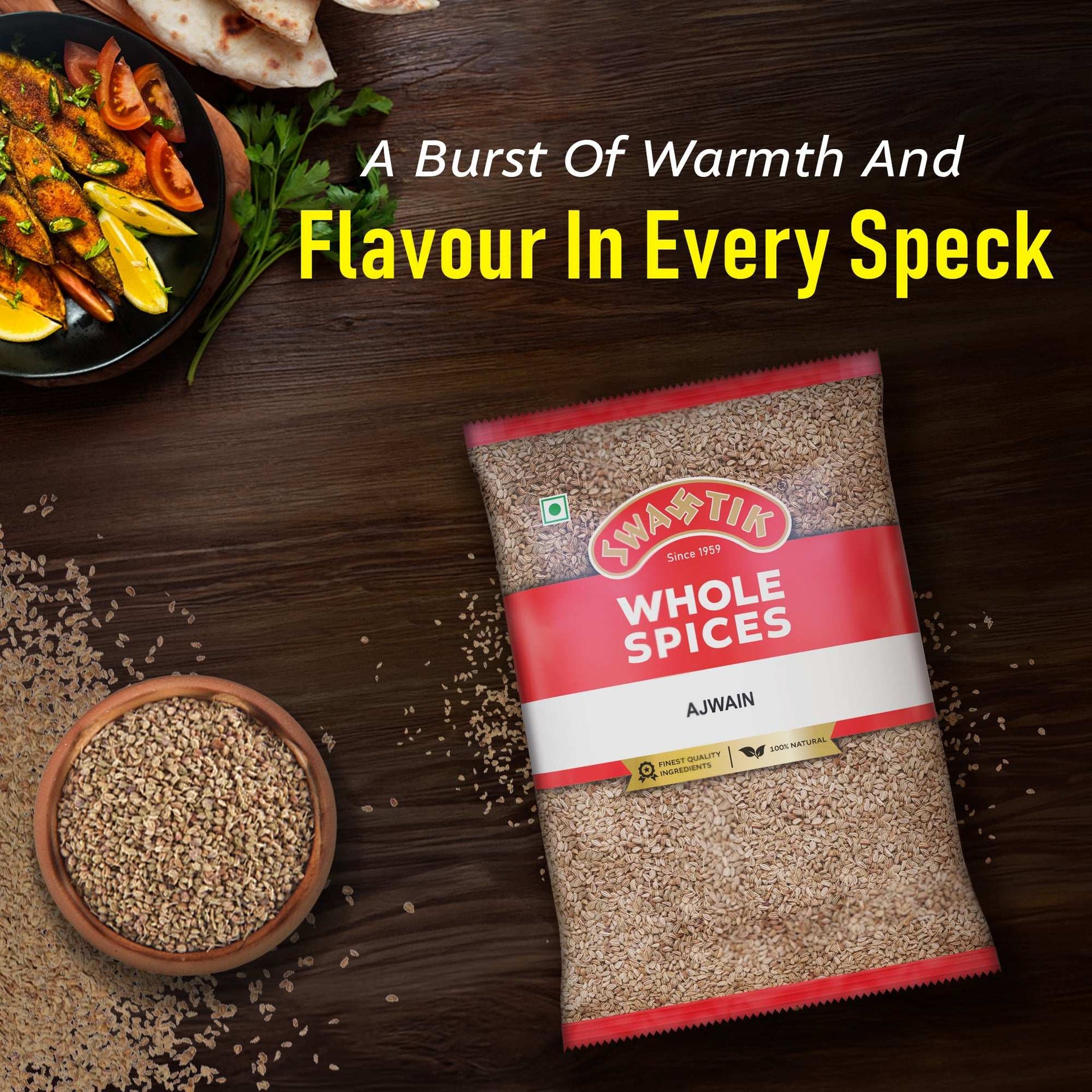 Swastik Ajwain (carom seeds) displayed with a bowl of seeds and a plate of grilled veggies, highlighting warmth and flavour in every speck.