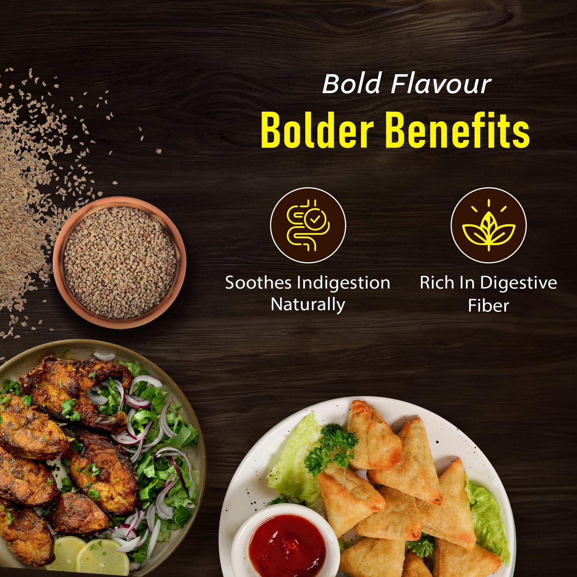 Swastik Ajwain (carom seeds) featured with grilled chicken, samosas, and highlighted benefits for digestion and fiber content.
