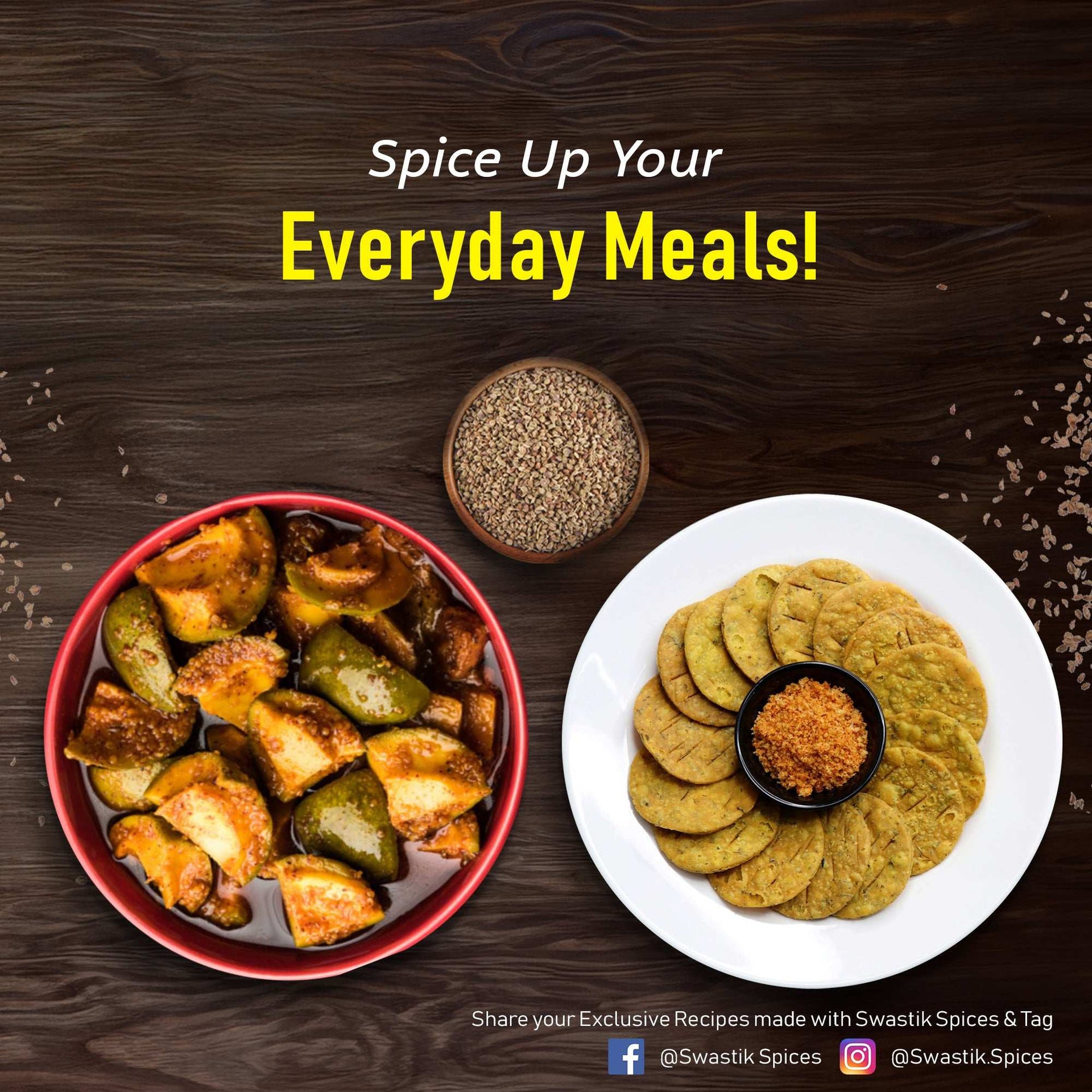 Swastik Ajwain (carom seeds) showcased with tangy vegetable pickle and crispy ajwain snacks, promoting flavor for everyday meals.