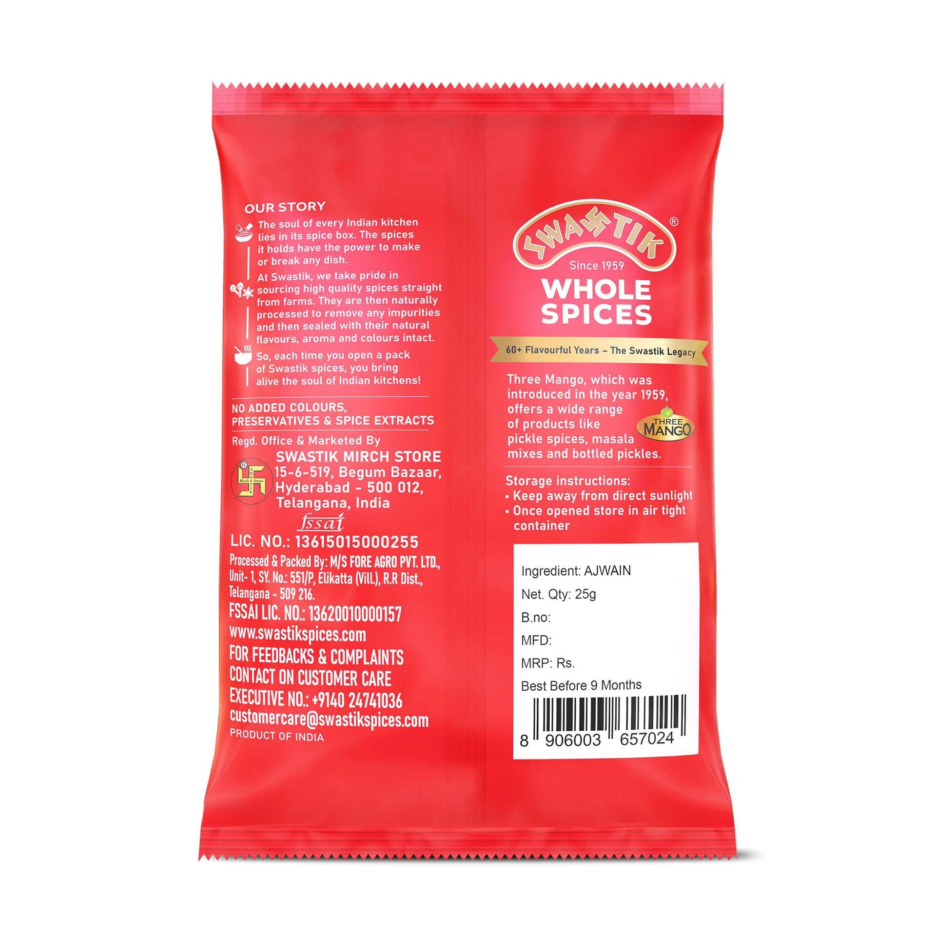 Swastik Ajwain 25g pack back view showing brand story, manufacturing details, storage instructions, barcode, and ingredient listing.