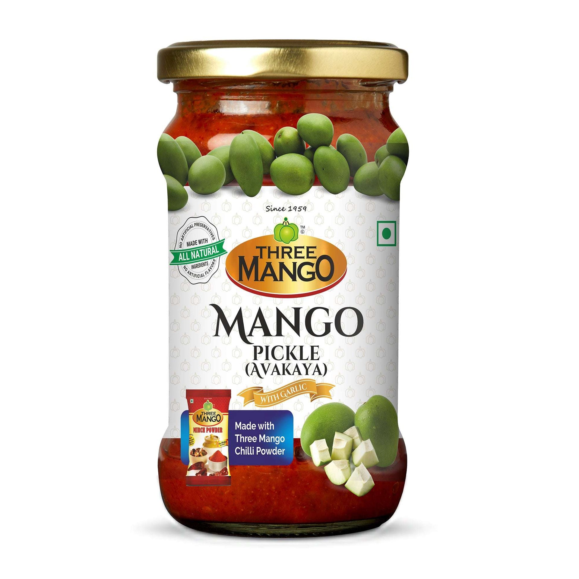 Three Mango Mango Pickle Avakaya jar with garlic and traditional spices – authentic Indian pickle with chili powder.