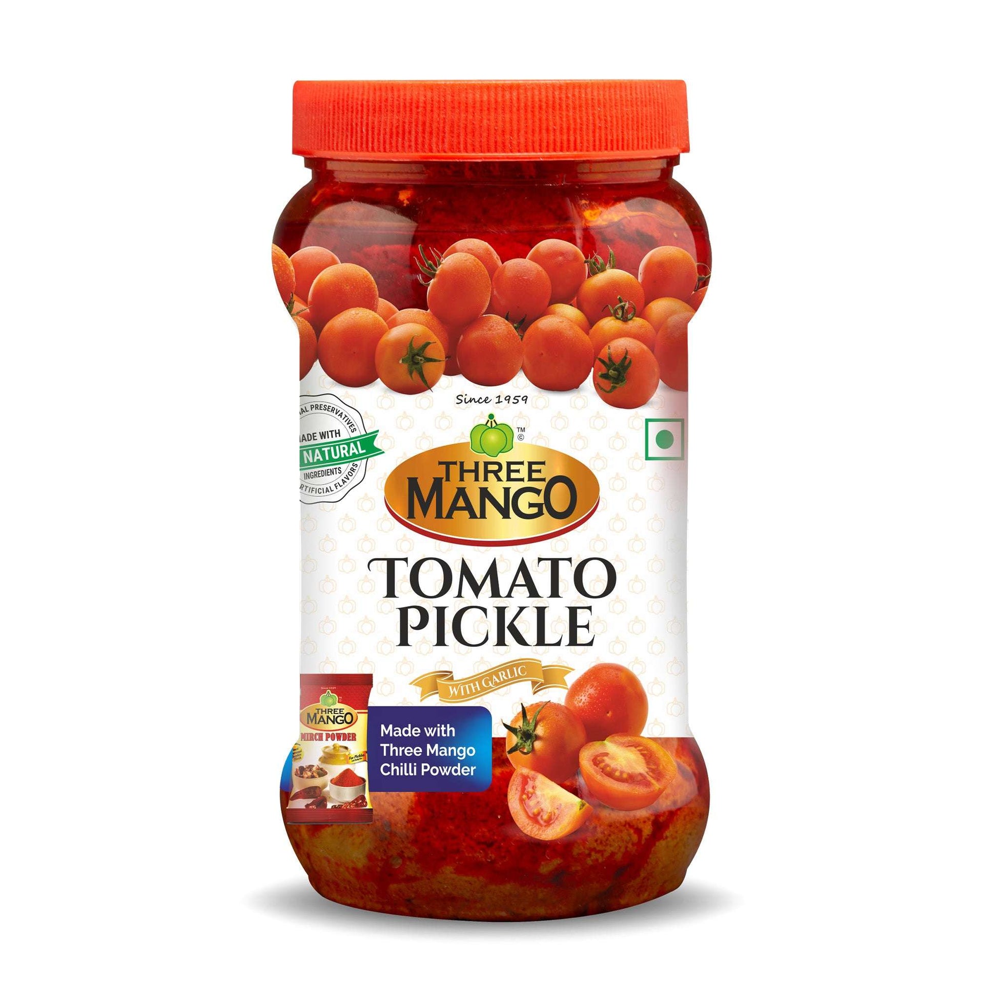 Three Mango Tomato Pickle jar with garlic made using Three Mango chilli powder for authentic tangy flavour
