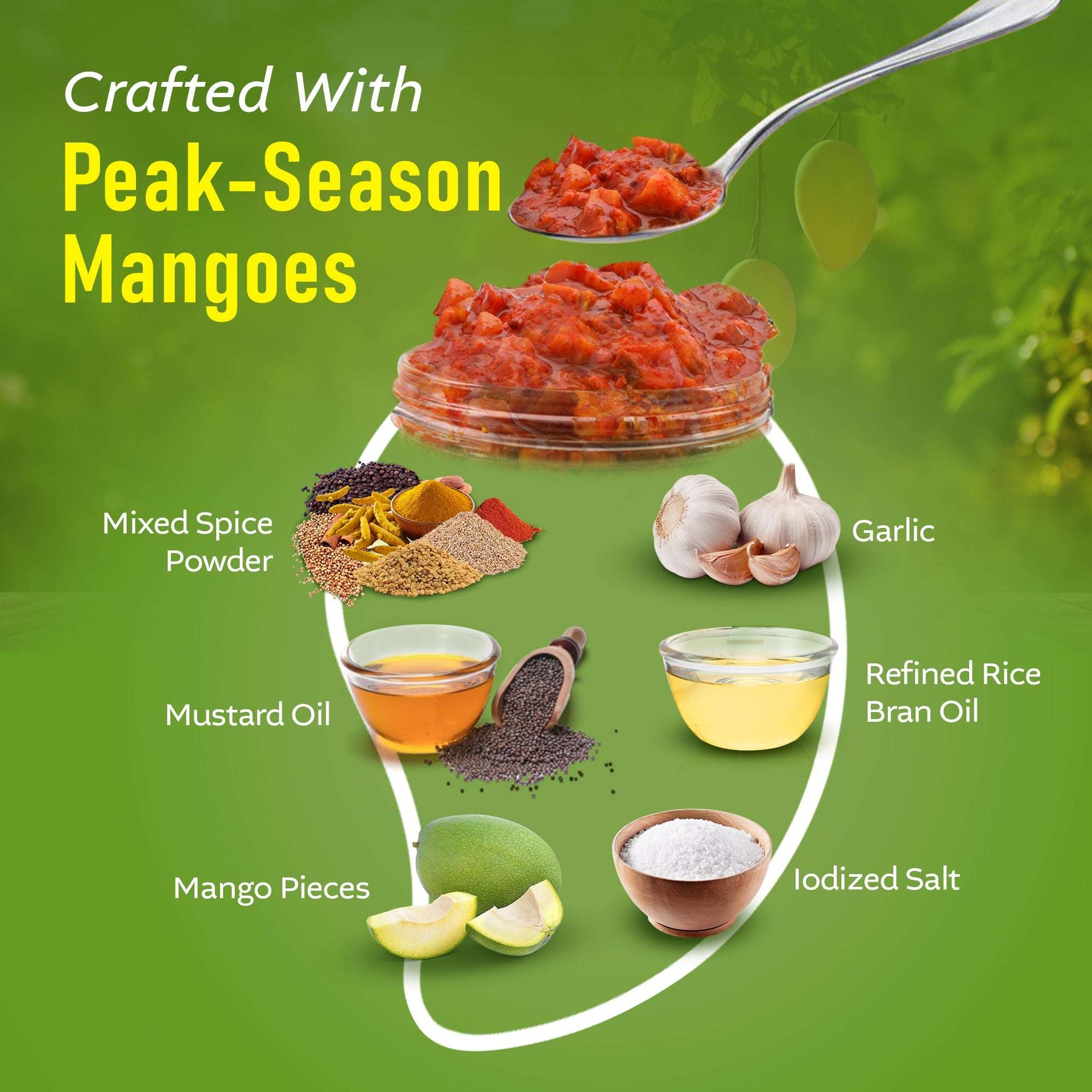 Illustration of Three Mango Mango Pickle ingredients, including fresh mango pieces, mustard oil, spices, garlic, iodized salt, and rice bran oil, crafted from peak-season mangoes.