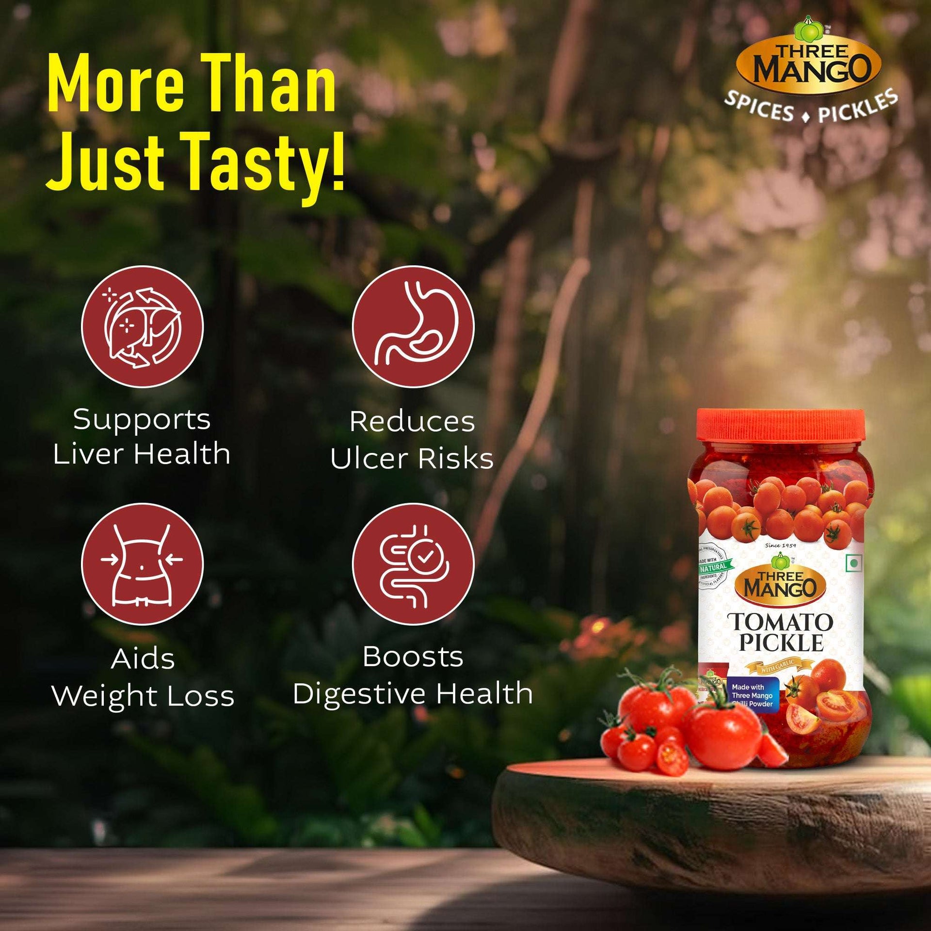 Three Mango Tomato Pickle jar on wooden table with health benefits icons like liver support, ulcer risk reduction, weight loss aid, and digestive boost.