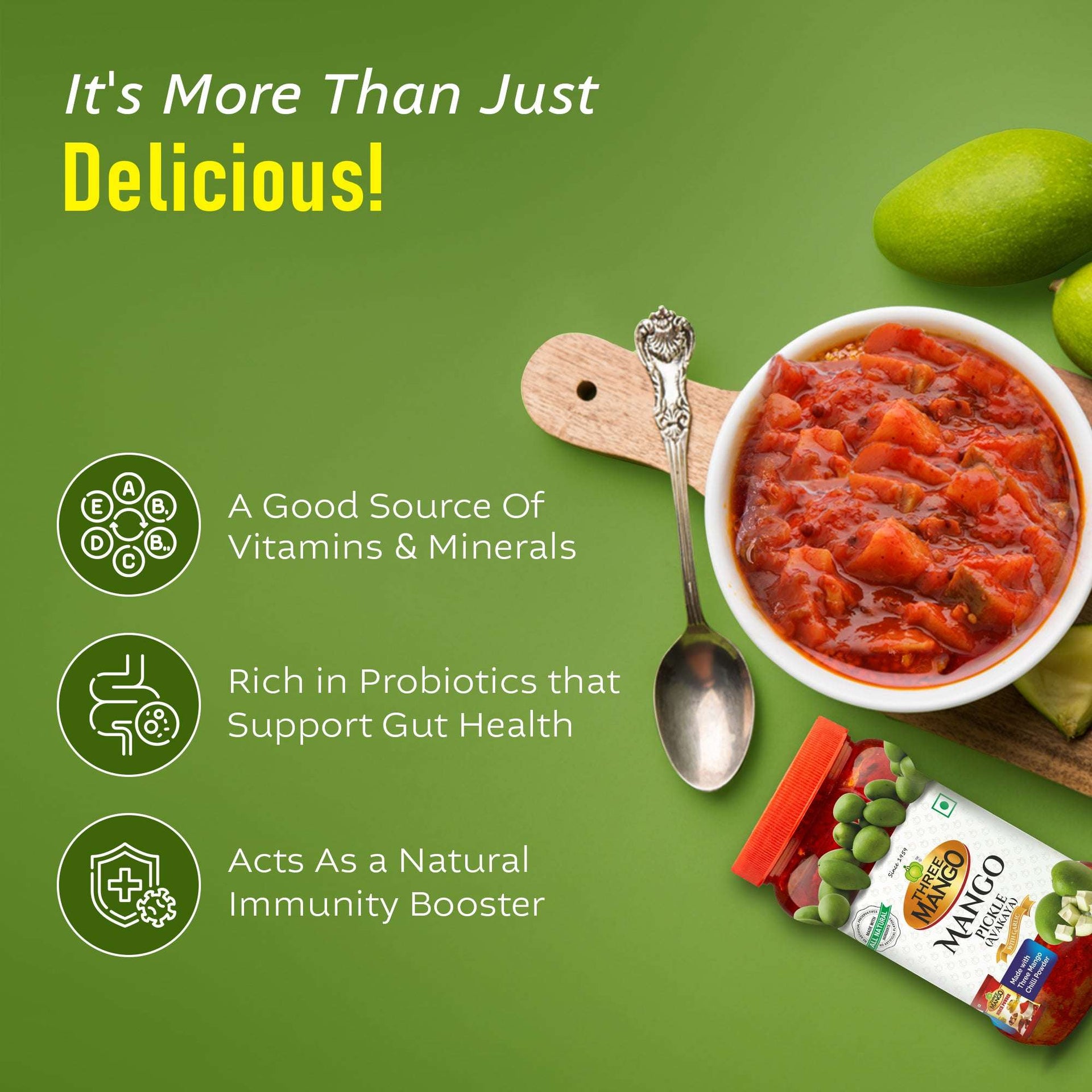 Three Mango Mango Pickle with health benefits highlighted — rich in vitamins, probiotics for gut health, and a natural immunity booster, served in a bowl with fresh green mangoes.