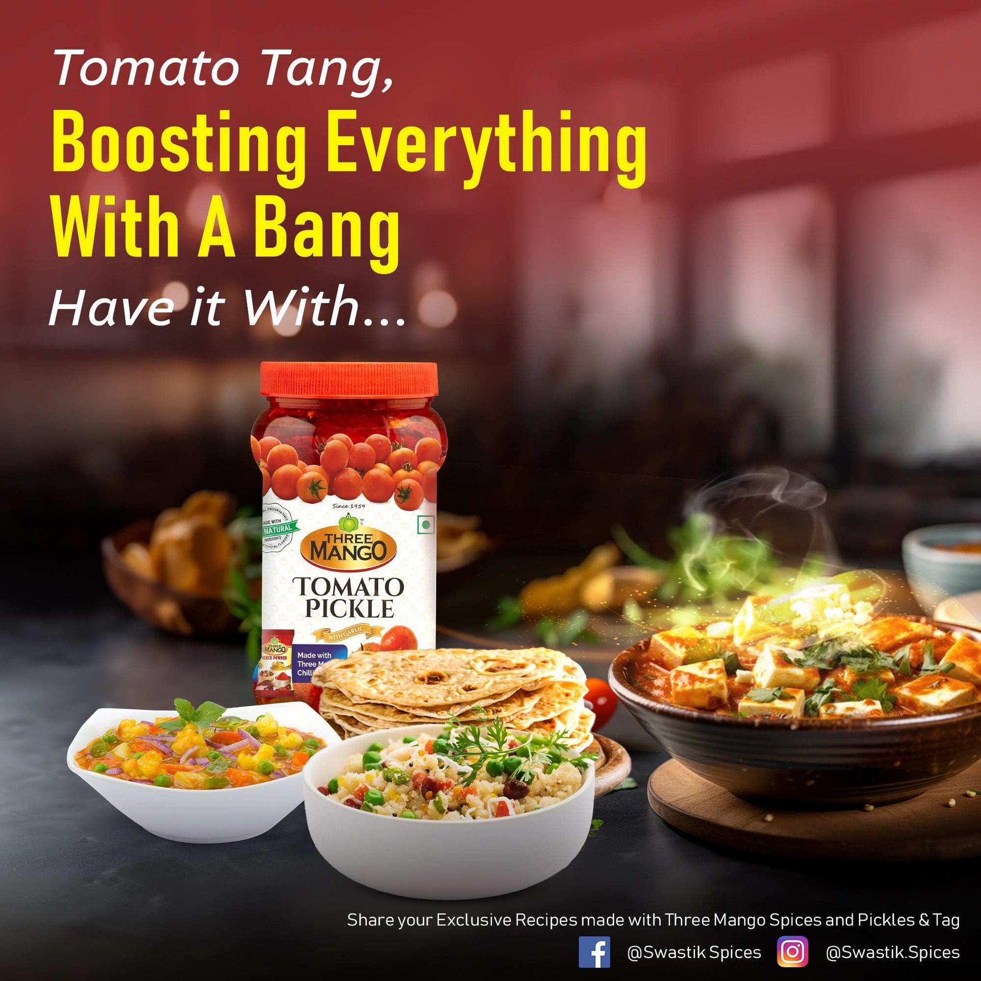 Three Mango Tomato Pickle jar with chapati, vegetable curry, rice and salad showcasing delicious serving ideas