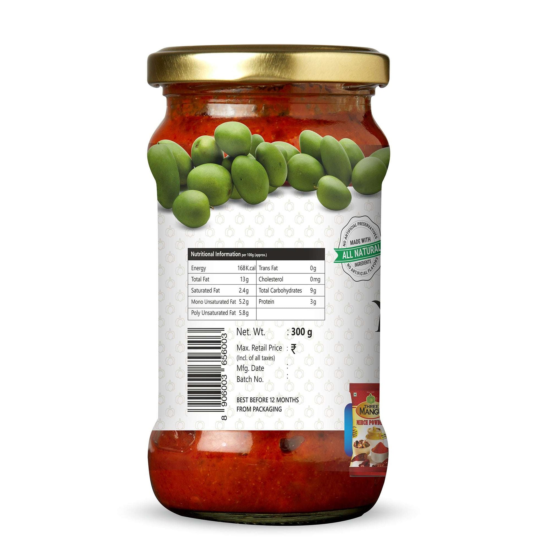 Back label of Three Mango Avakaya Mango Pickle 300gm jar showing nutritional information, barcode, and vibrant raw mango design on packaging.