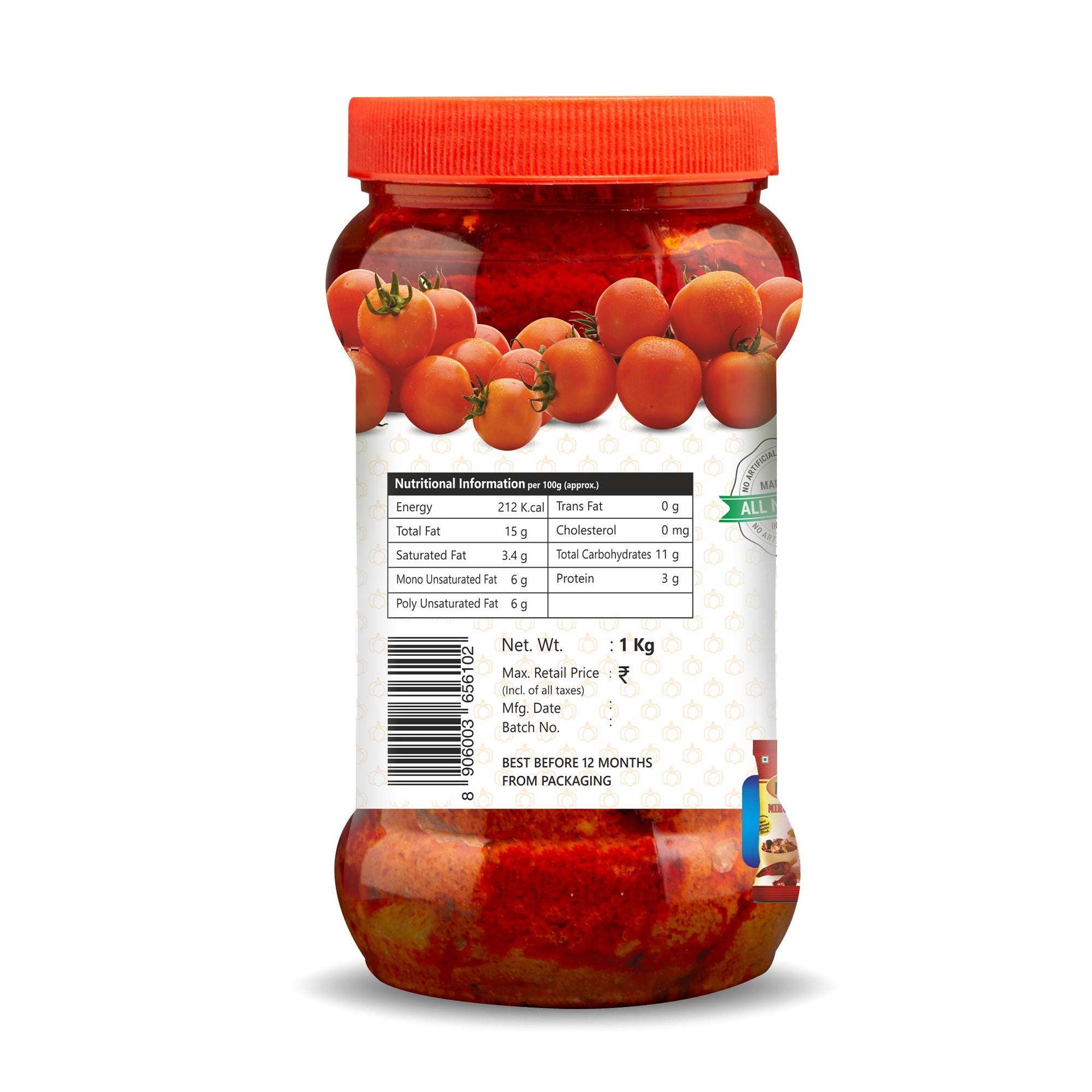 Back label of Three Mango Tomato Pickle jar showing nutritional facts and ingredients for healthy tangy pickle.