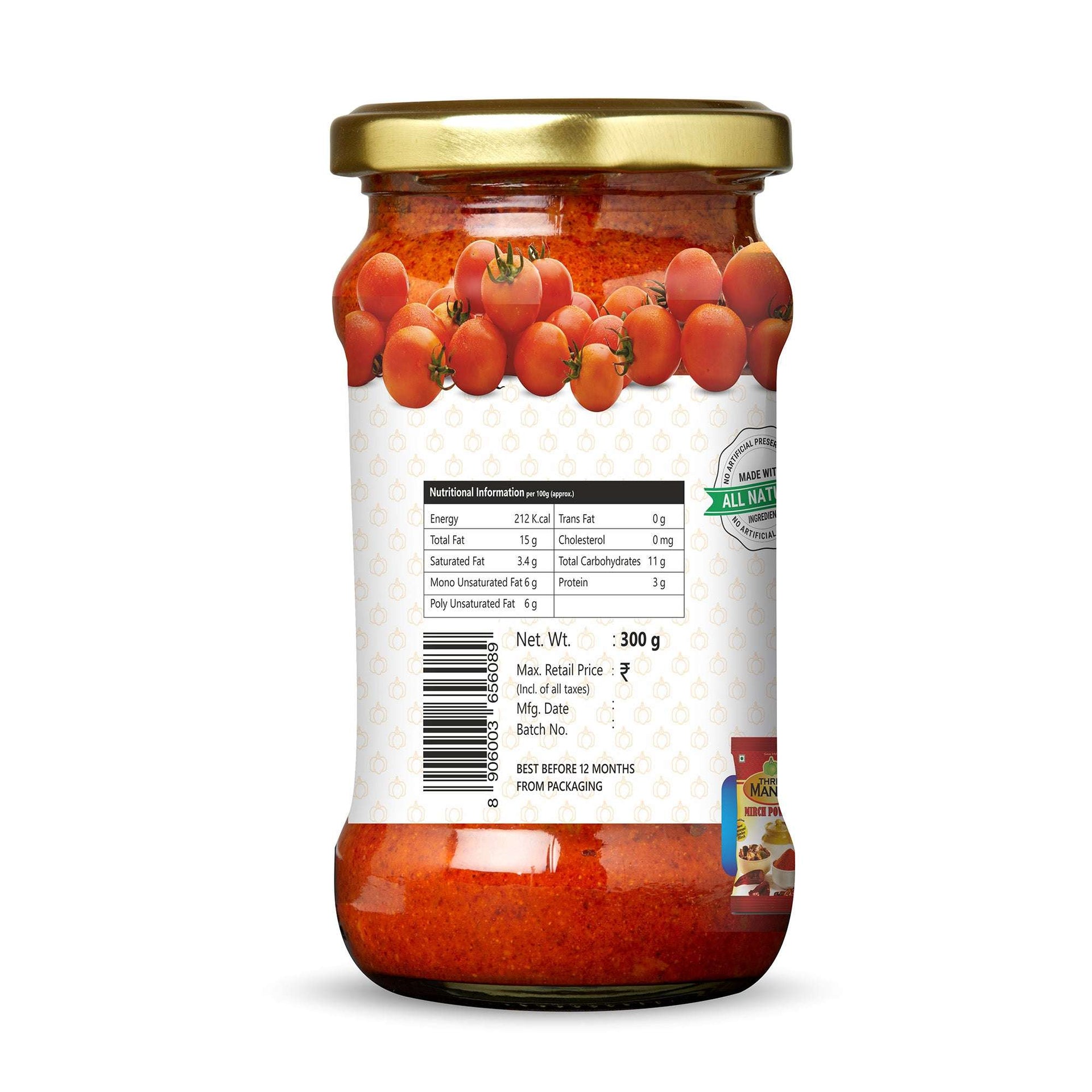 Back view of Three Mango Tomato Pickle jar showing nutritional facts, ingredients, and barcode.