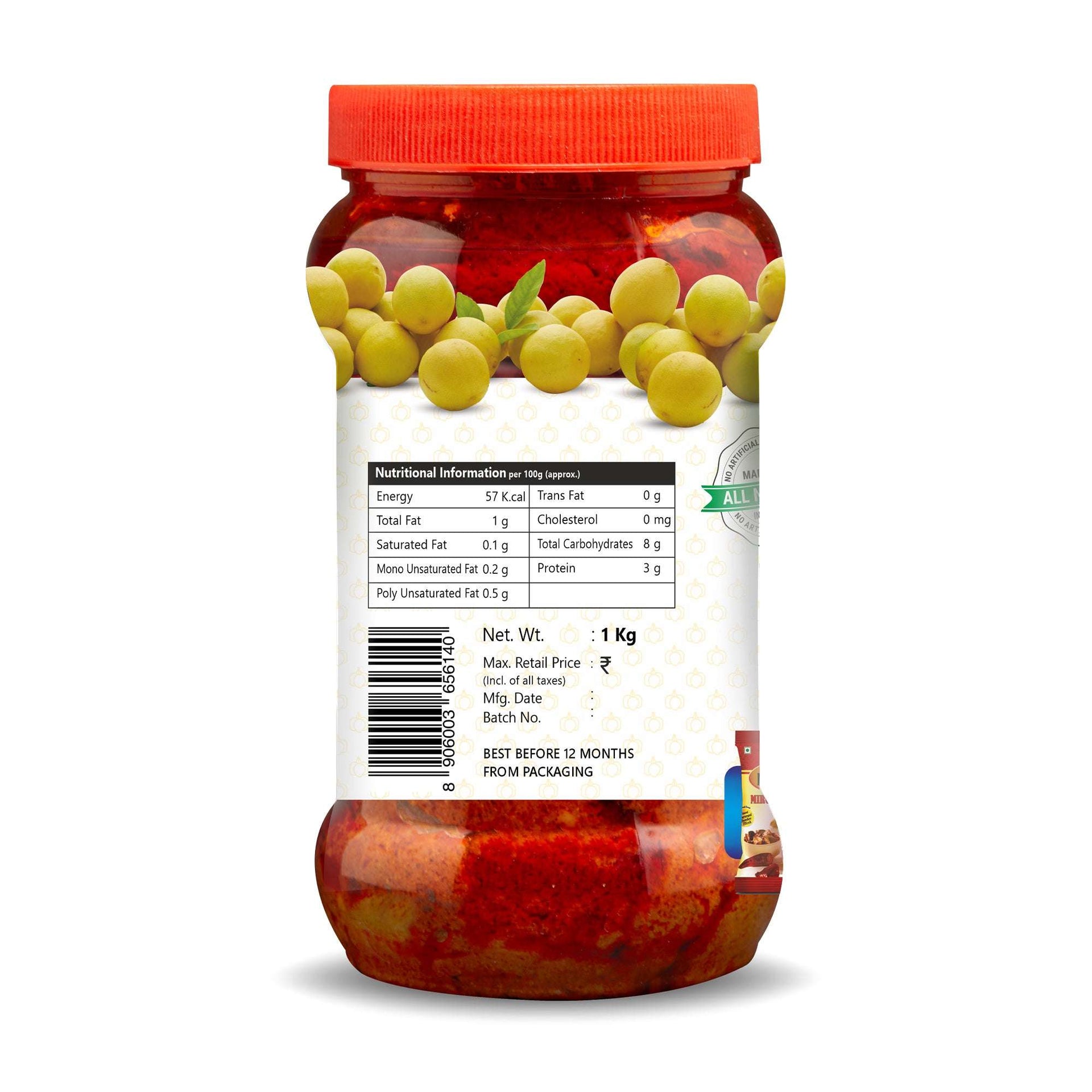 Three Mango Lime Pickle 1kg jar back view showing nutrition facts, ingredients, and barcode on label