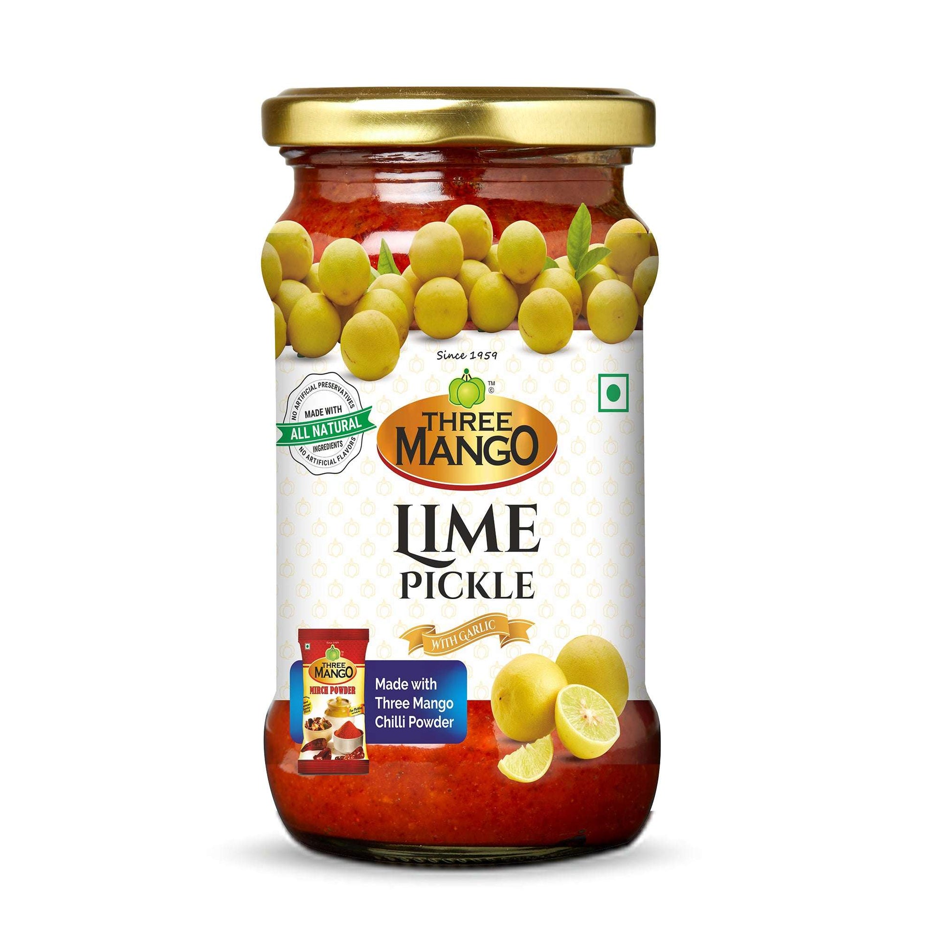 Three Mango Lime Pickle jar with garlic, made with all-natural ingredients and Three Mango chilli powder