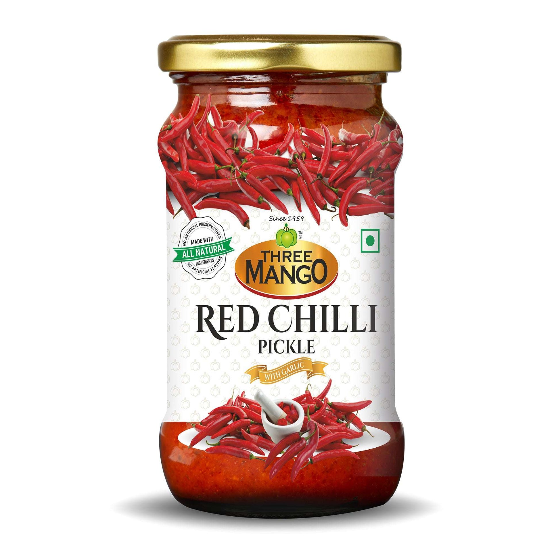 Three Mango Red Chilli Pickle jar with garlic, showcasing spicy red chillies and all-natural ingredients.