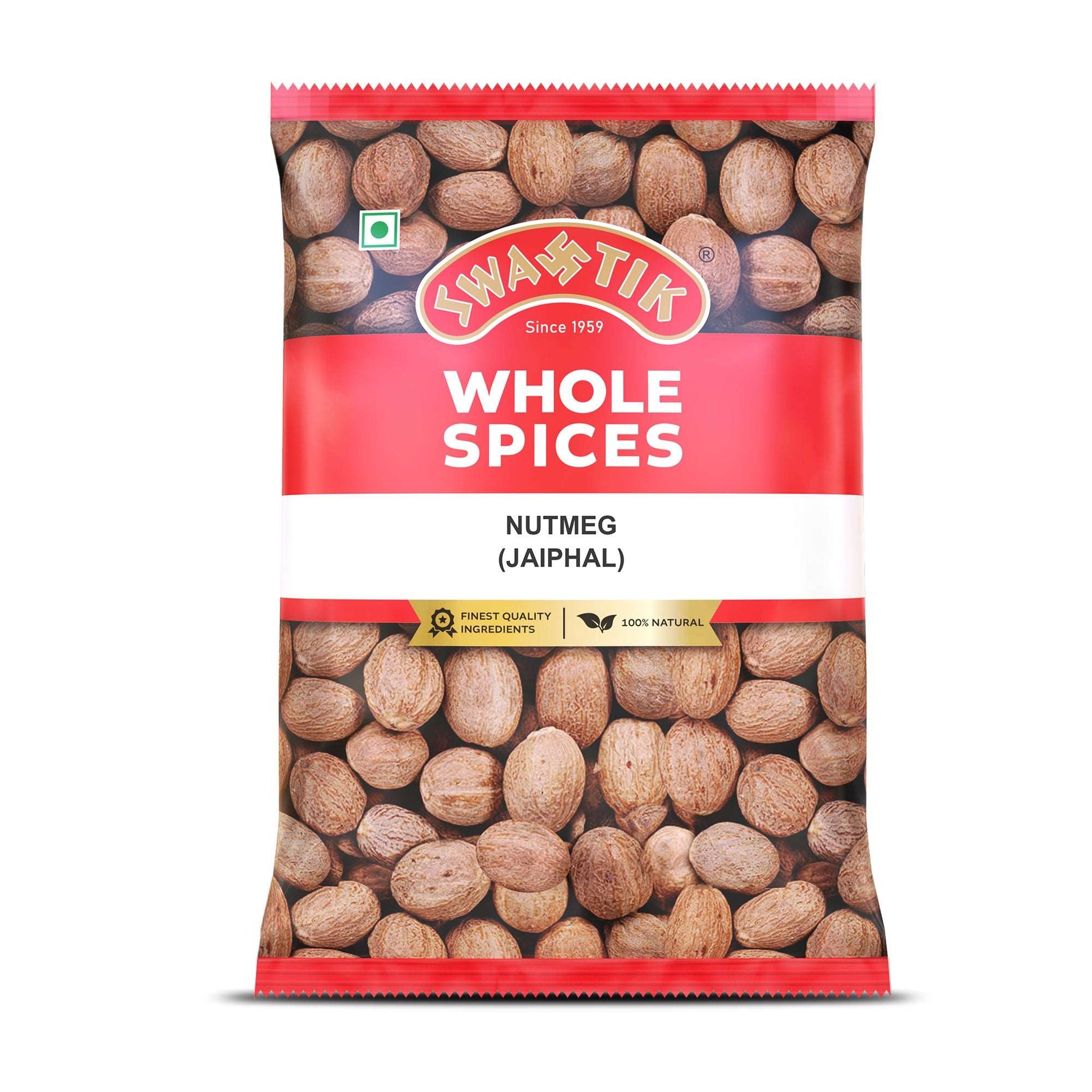 Swastik Nutmeg Pack – red and white packaging with visible Nutmeg seeds, labeled 100% natural and finest quality ingredients.