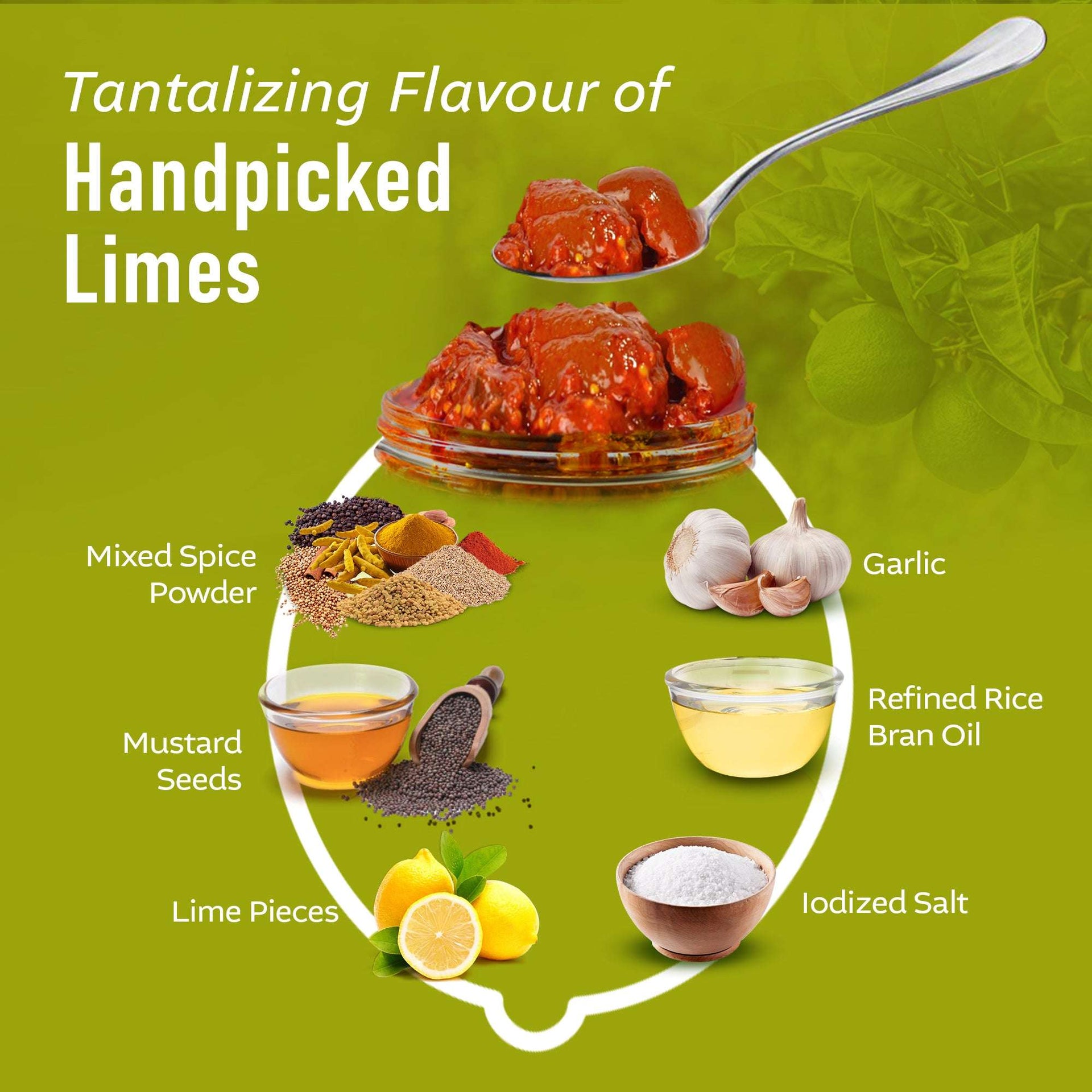 Ingredients of Three Mango Lime Pickle including handpicked limes, mustard seeds, garlic, spices, refined rice bran oil, and iodized salt.