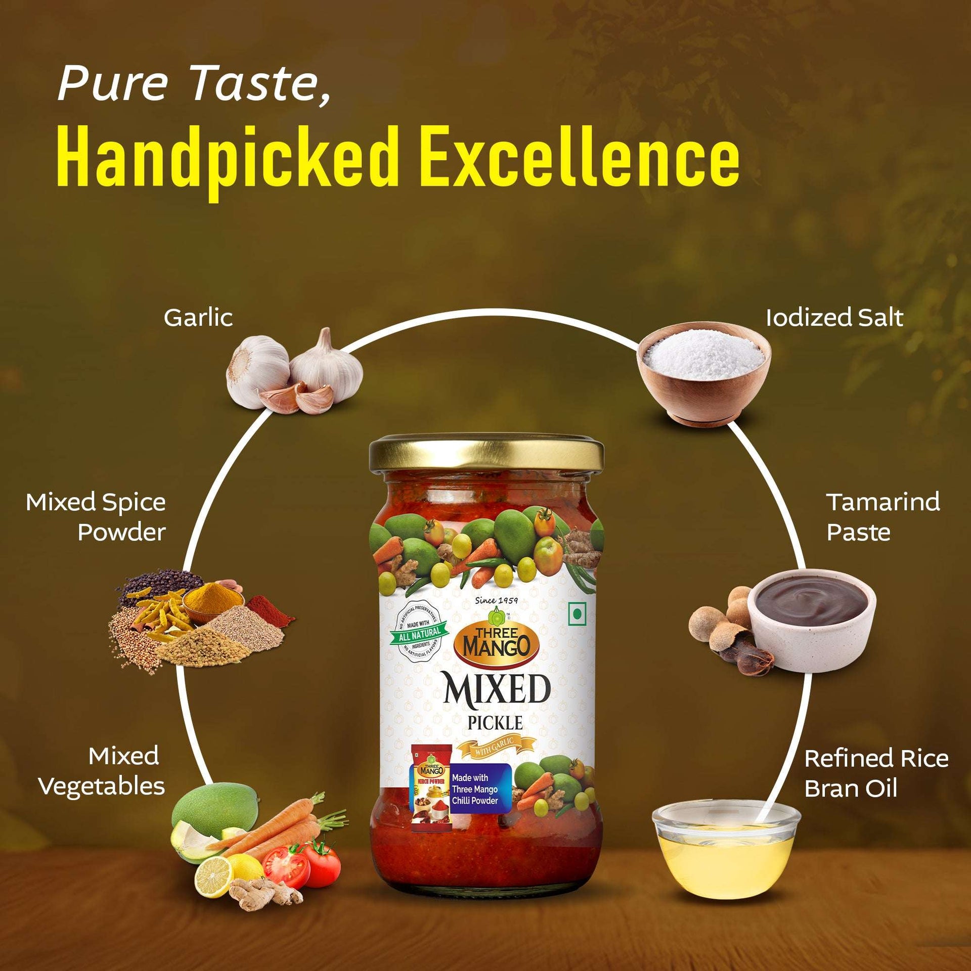 Three Mango Mixed Pickle with garlic, iodized salt, tamarind paste, refined rice bran oil, mixed vegetables, and spices on wooden table showcasing pure taste and handpicked excellence.
