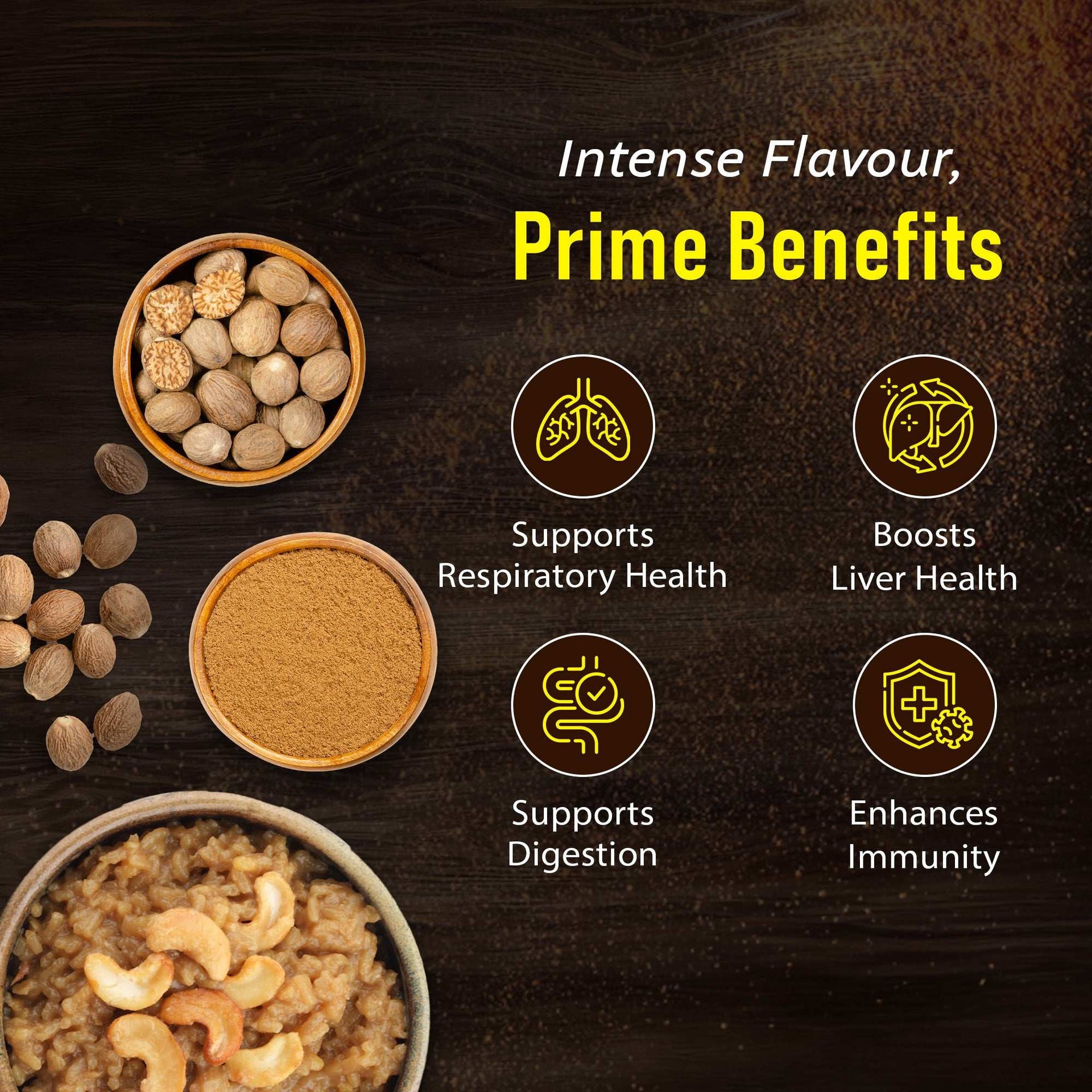 Nutmeg health benefits graphic showing whole and ground nutmeg with icons for digestion, immunity, respiratory and liver health.