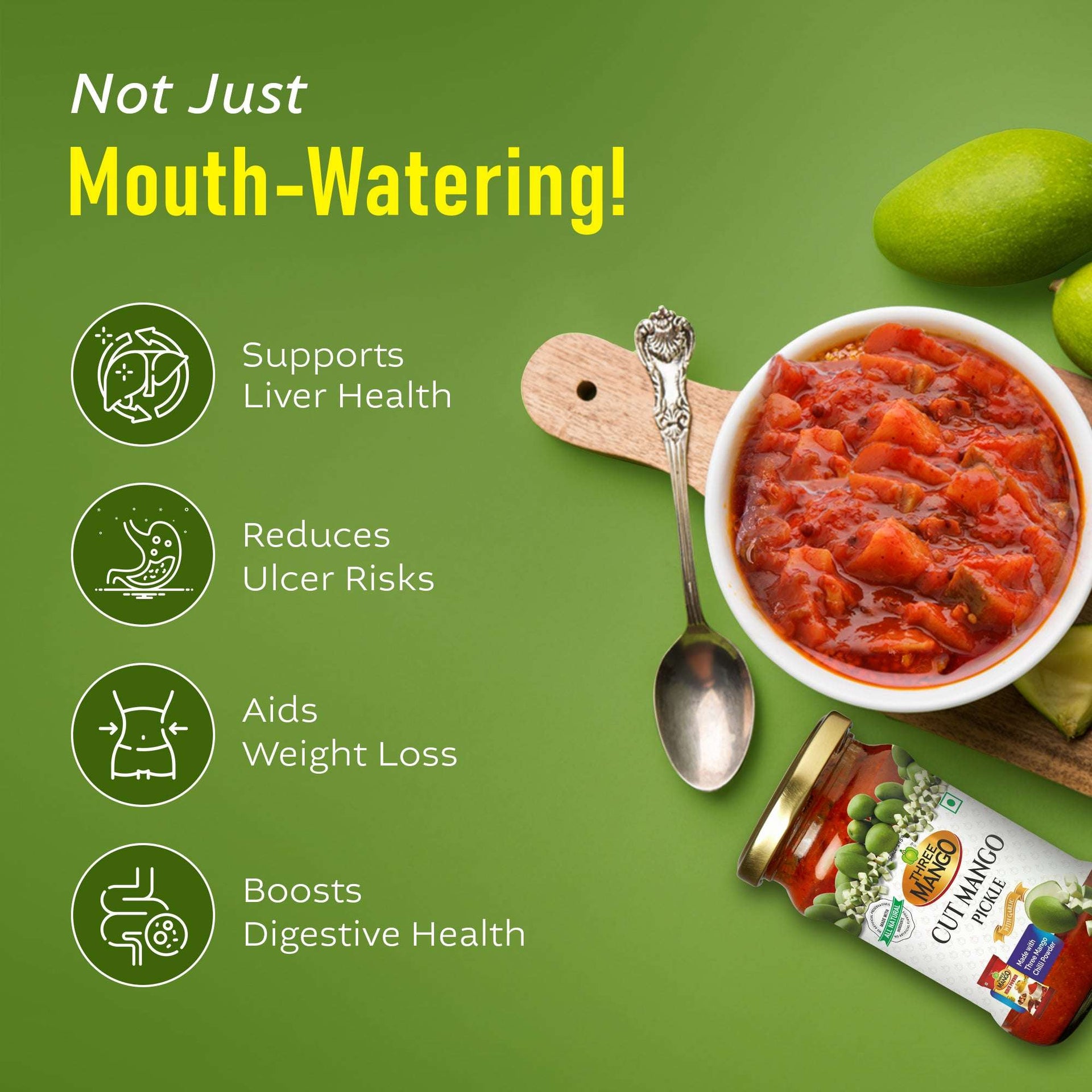 Three Mango Cut Mango Pickle in a jar and bowl with green mangoes on a green background, featuring health benefits text like supports liver health, reduces ulcer risks, aids weight loss, and boosts digestive health.