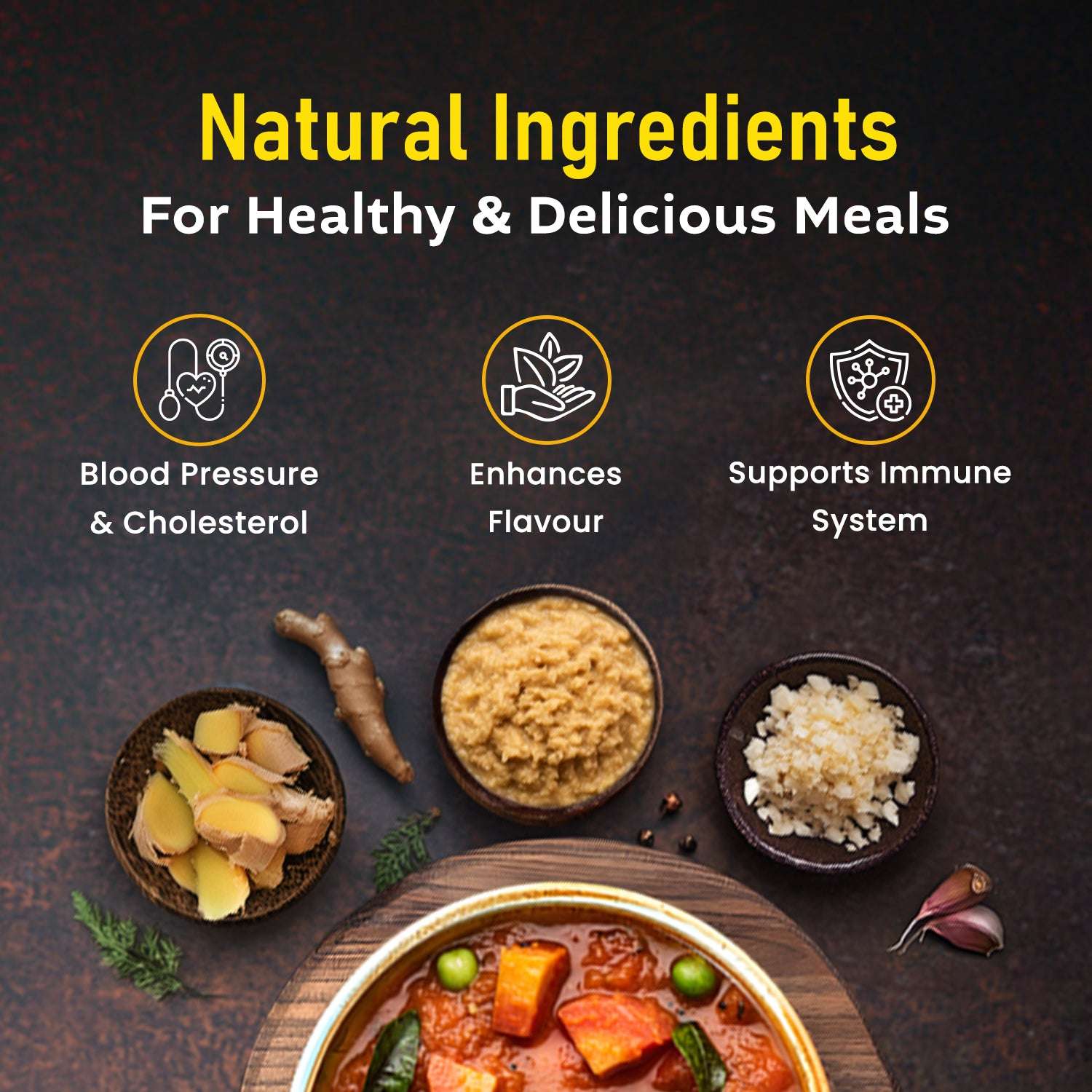 Natural ginger and garlic with vegetable curry, showcasing benefits for blood pressure, flavour enhancement, and immune support.