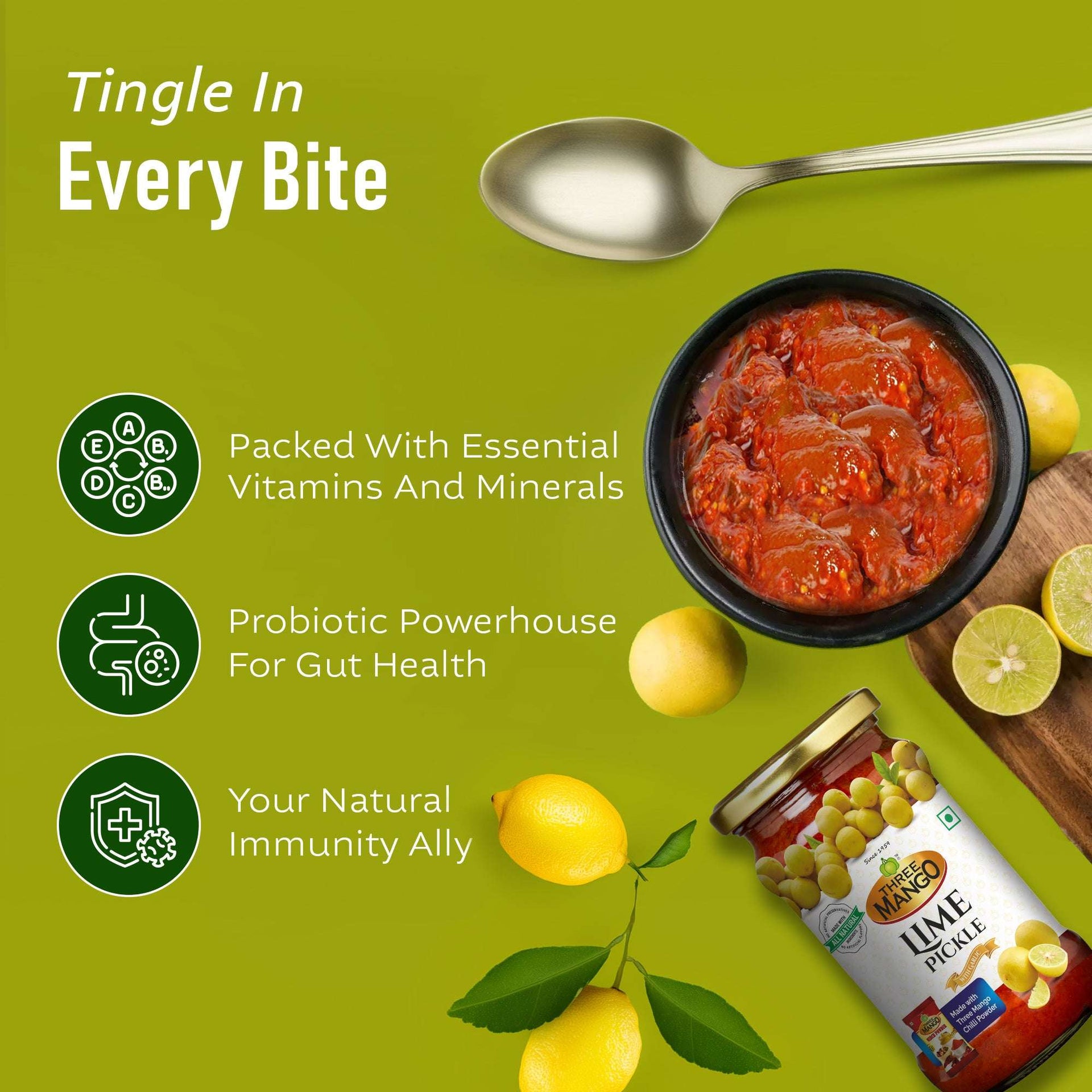 Three Mango Lime Pickle benefits - packed with vitamins, probiotics for gut health, and natural immunity boost, with fresh limes and pickle jar.