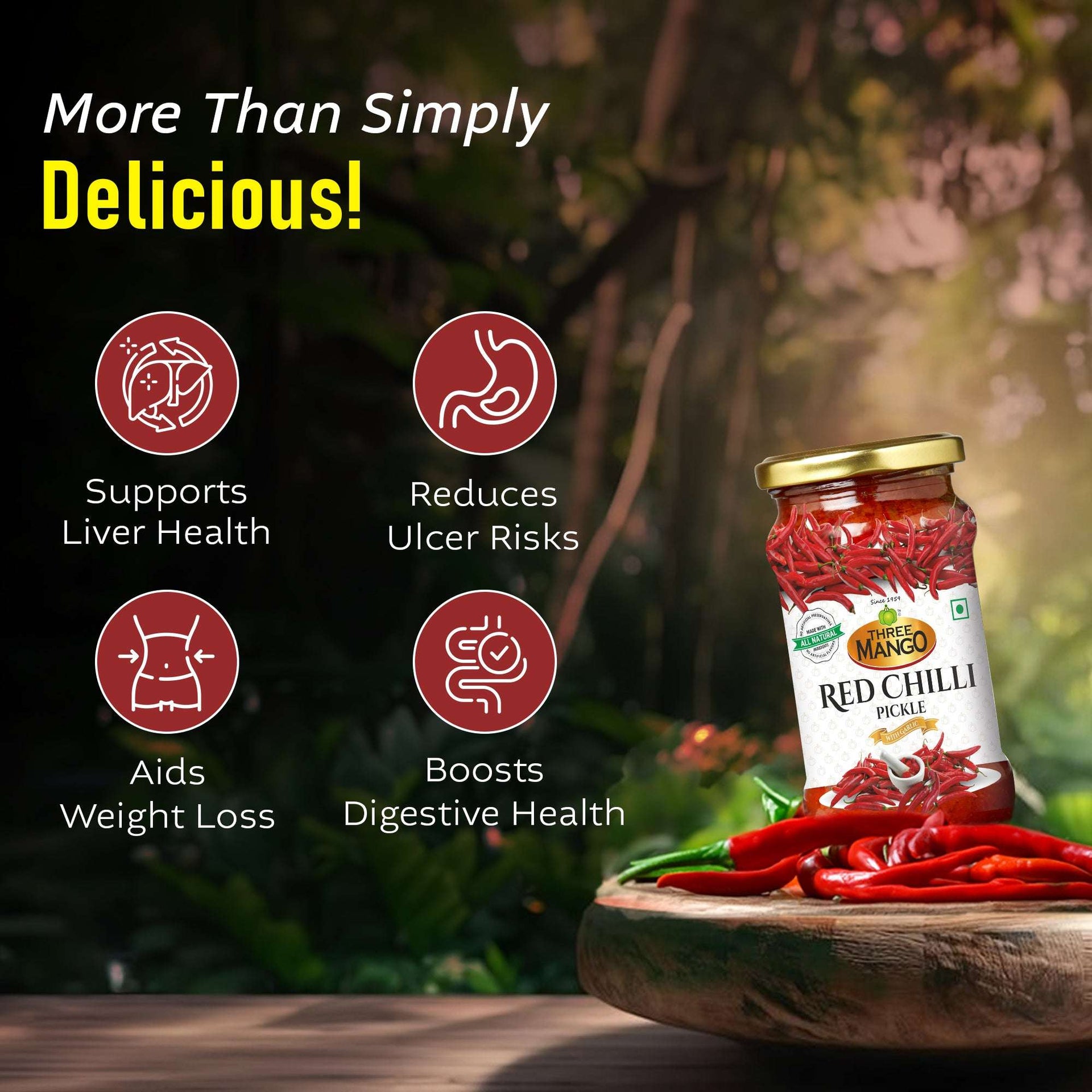 Three Mango Red Chilli Pickle jar with health benefits icons for liver health, digestion, weight loss, and ulcer risk reduction.