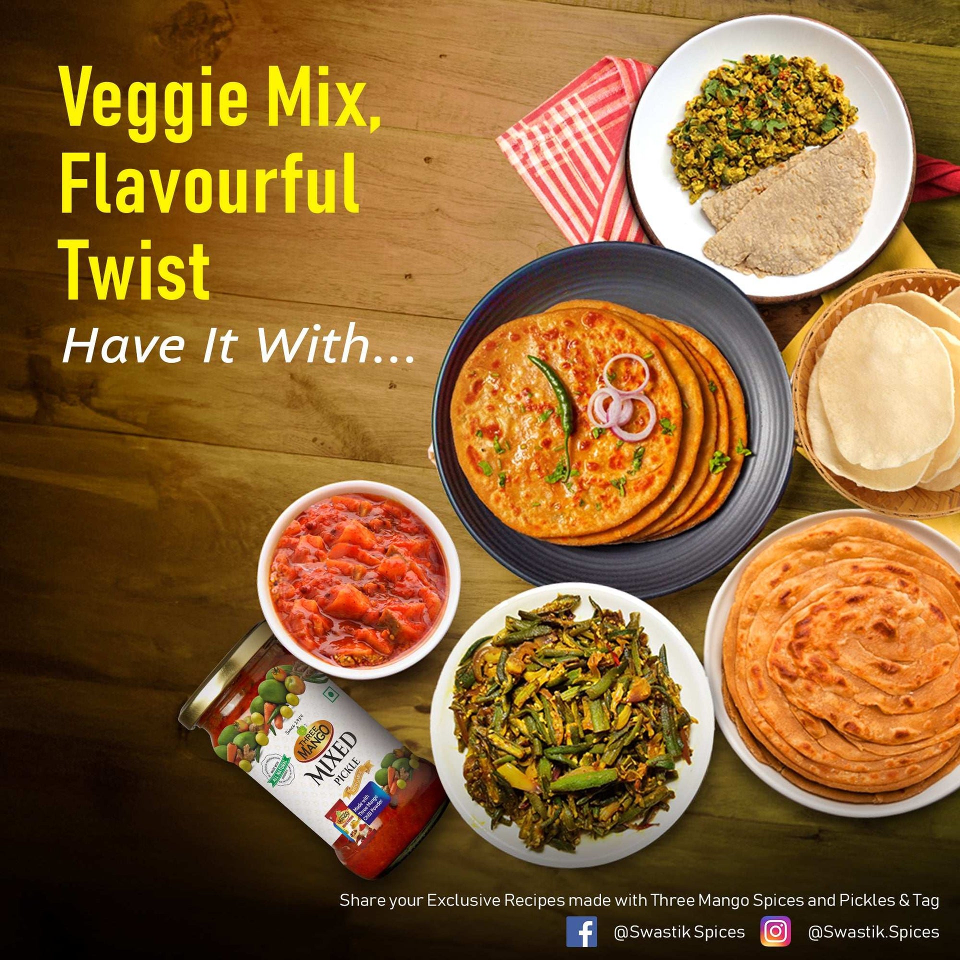 Three Mango Mixed Pickle jar with Indian meals like paratha, sabzi, puri and chutney for a flavourful pairing.