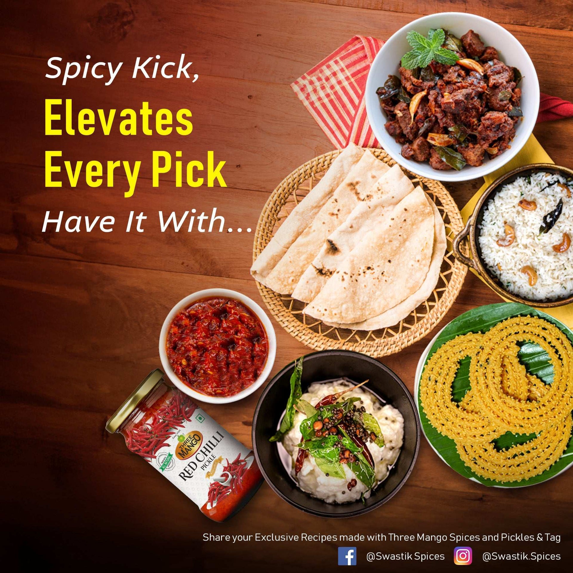 Three Mango Red Chilli Pickle served with Indian dishes like chapati, rice, chutney, snacks, and spicy curry.