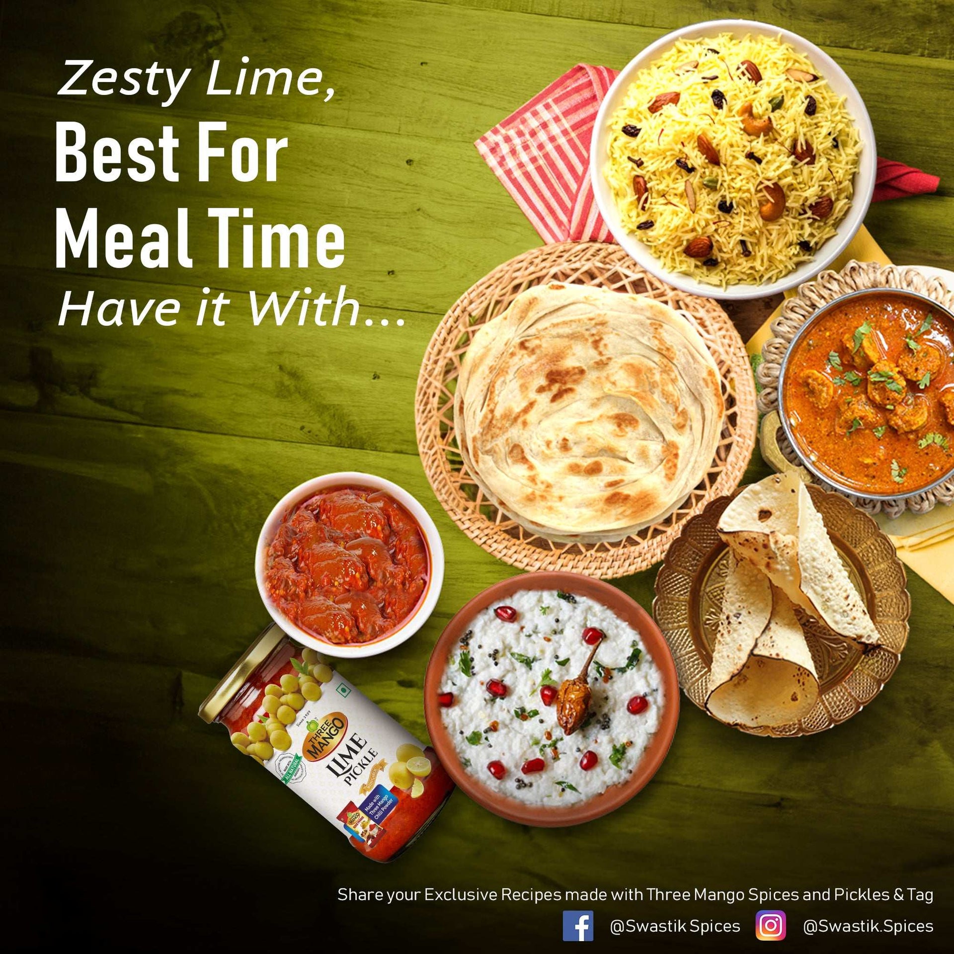 Three Mango Lime Pickle paired with rice, curry, parotta, and curd rice for a flavorful Indian meal.