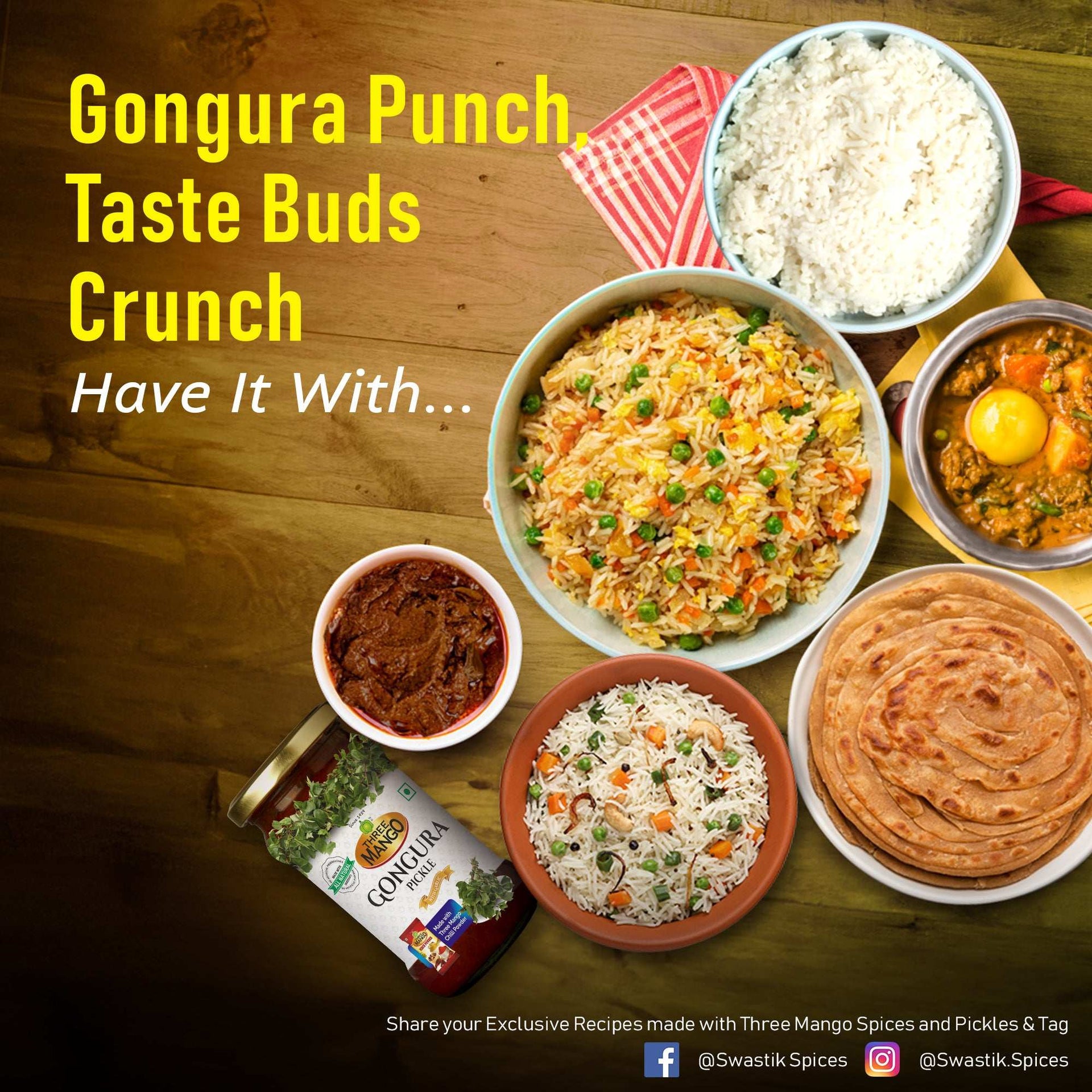 Three Mango Gongura Pickle served with biryani, jeera rice, dal curry, paratha, and plain rice on a wooden table with text 'Gongura Punch, Taste Buds Crunch' and Swastik Spices social media tags.