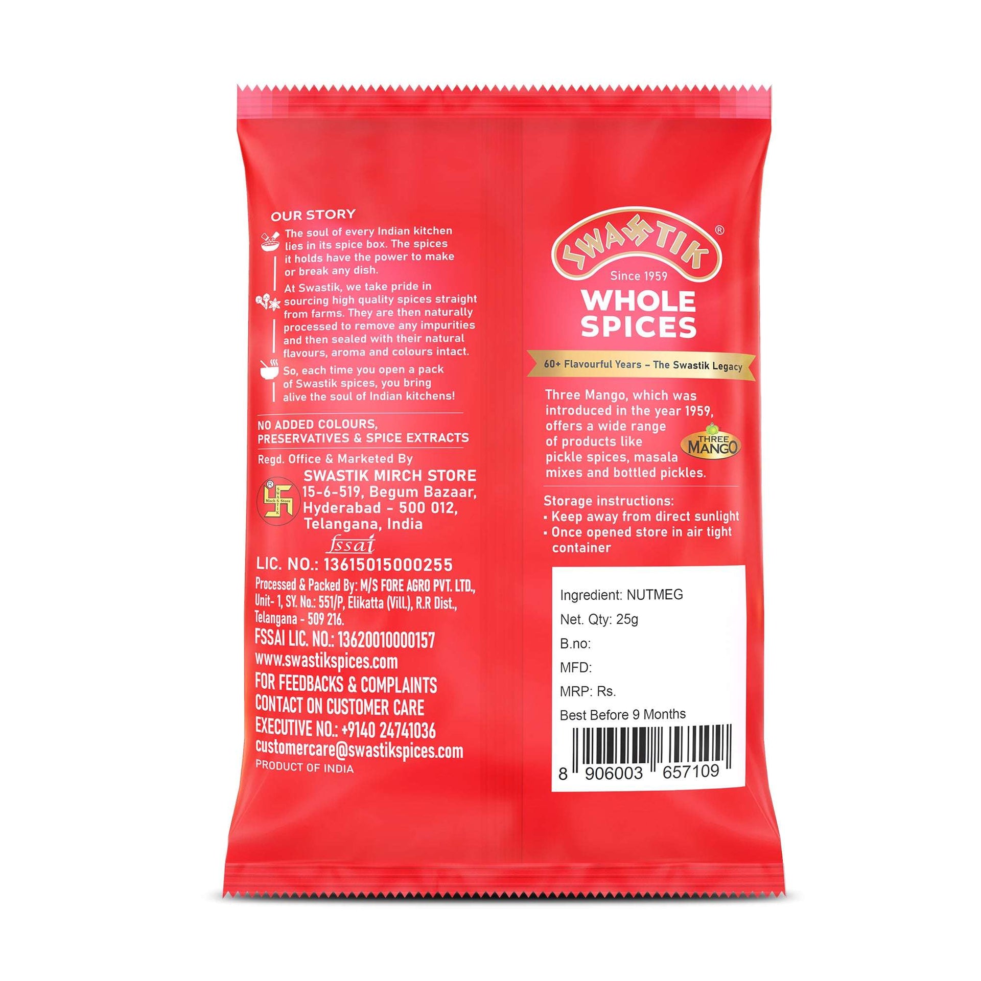 Swastik Nutmeg pack back view showing brand story, manufacturing details, storage instructions, barcode, and ingredient listing.