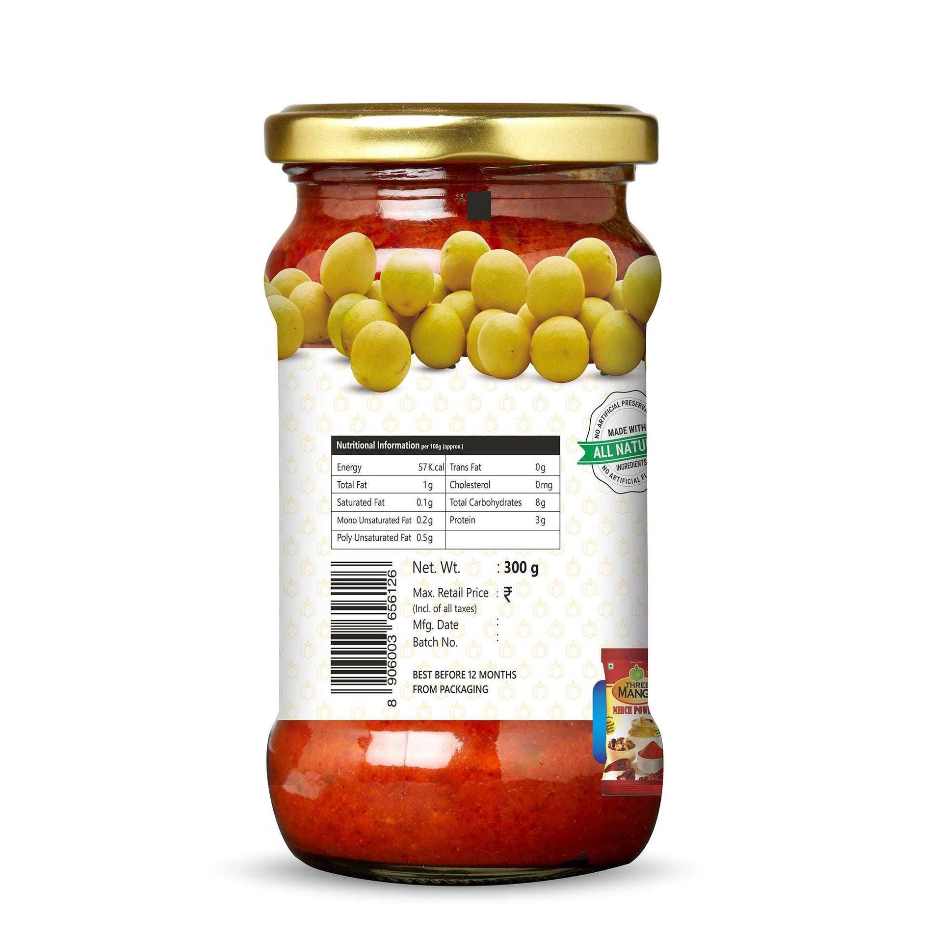 Back view of Three Mango Lime Pickle jar 300gm highlighting nutrition facts and all-natural ingredients label.