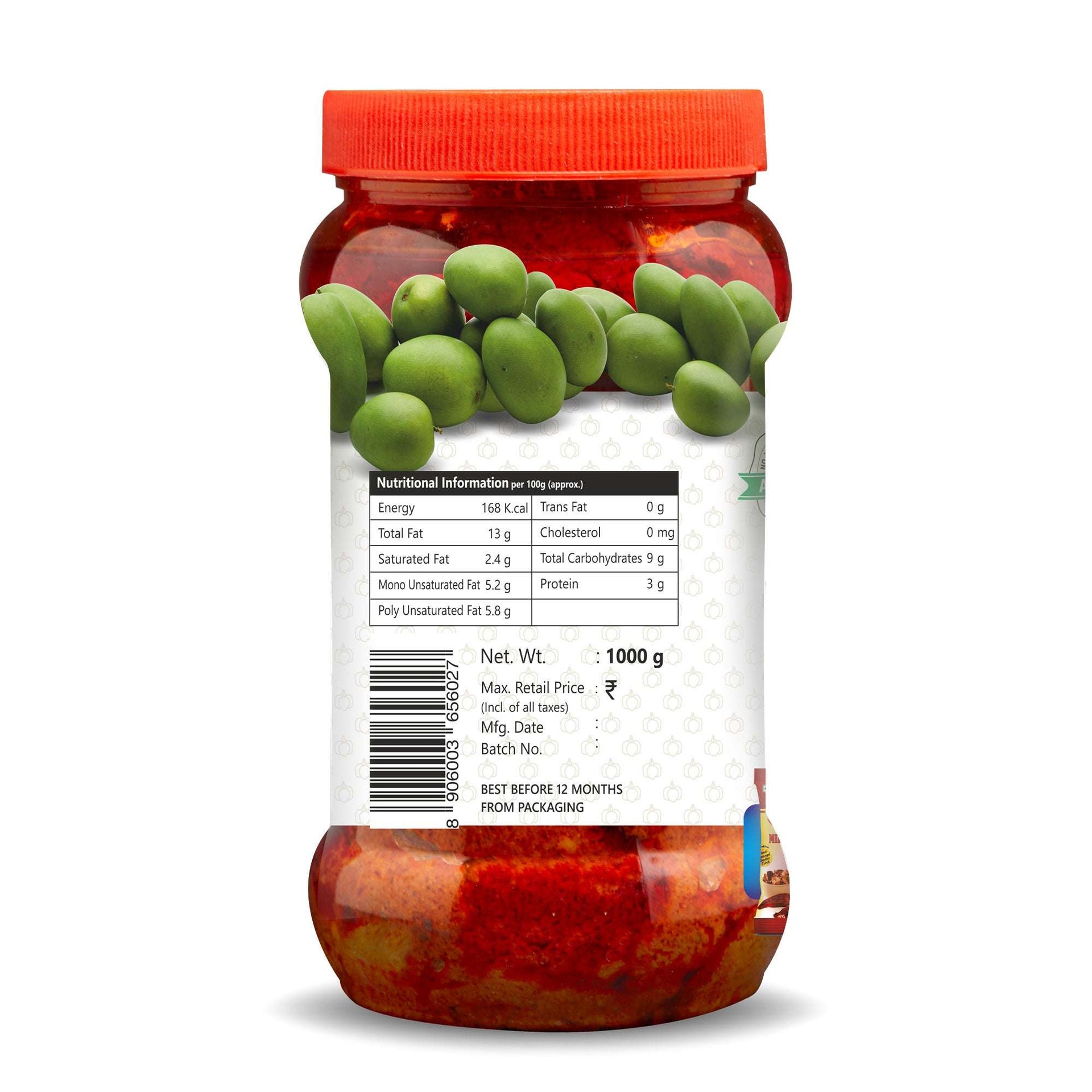 Backside label of Three Mango Mango Pickle jar highlighting nutritional facts, ingredients, and packaging details on a 1 kg container.