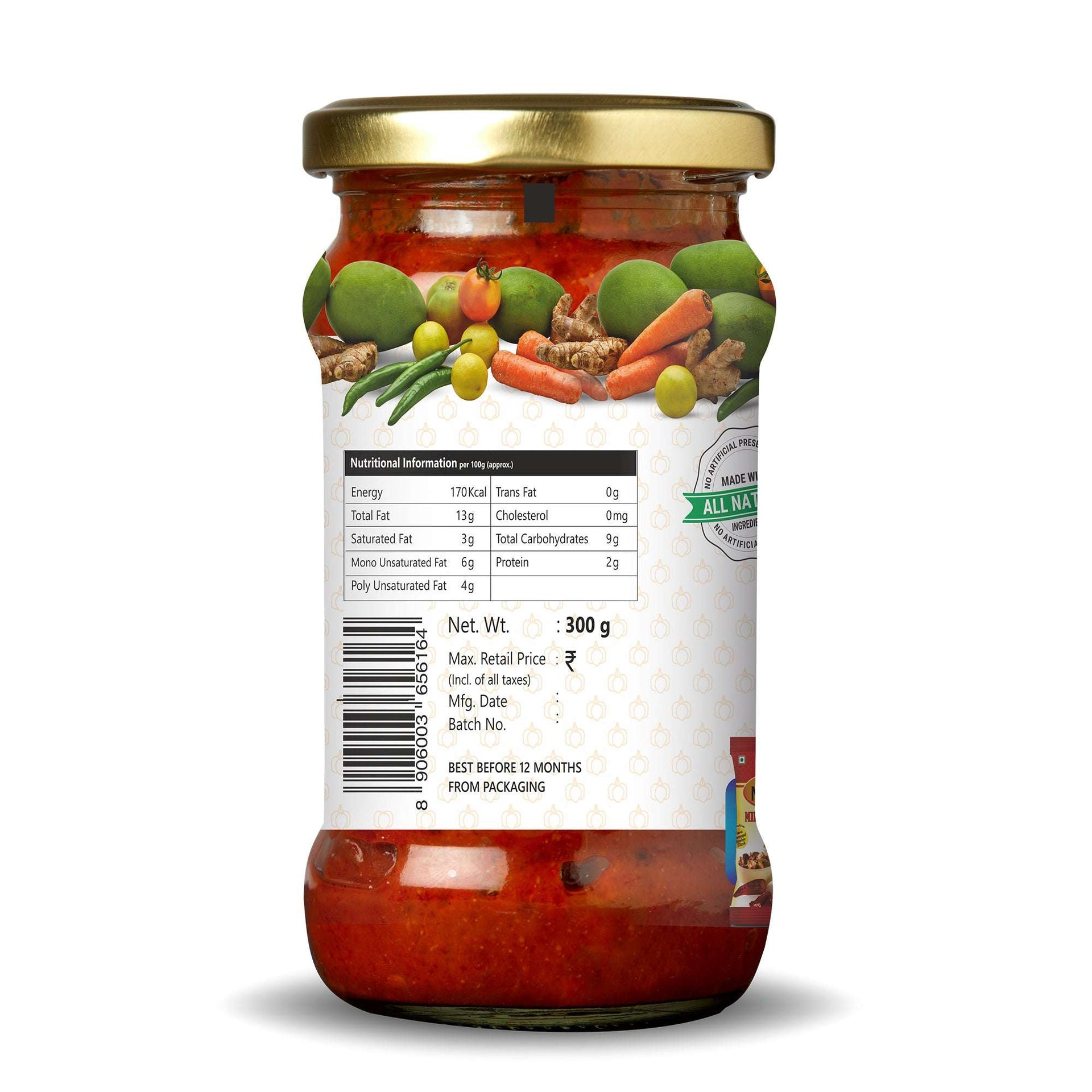 Back label of Three Mango Mixed Pickle jar showing nutrition facts, barcode, and colorful illustrations of mangoes, carrots, limes, garlic, and spices on white packaging.