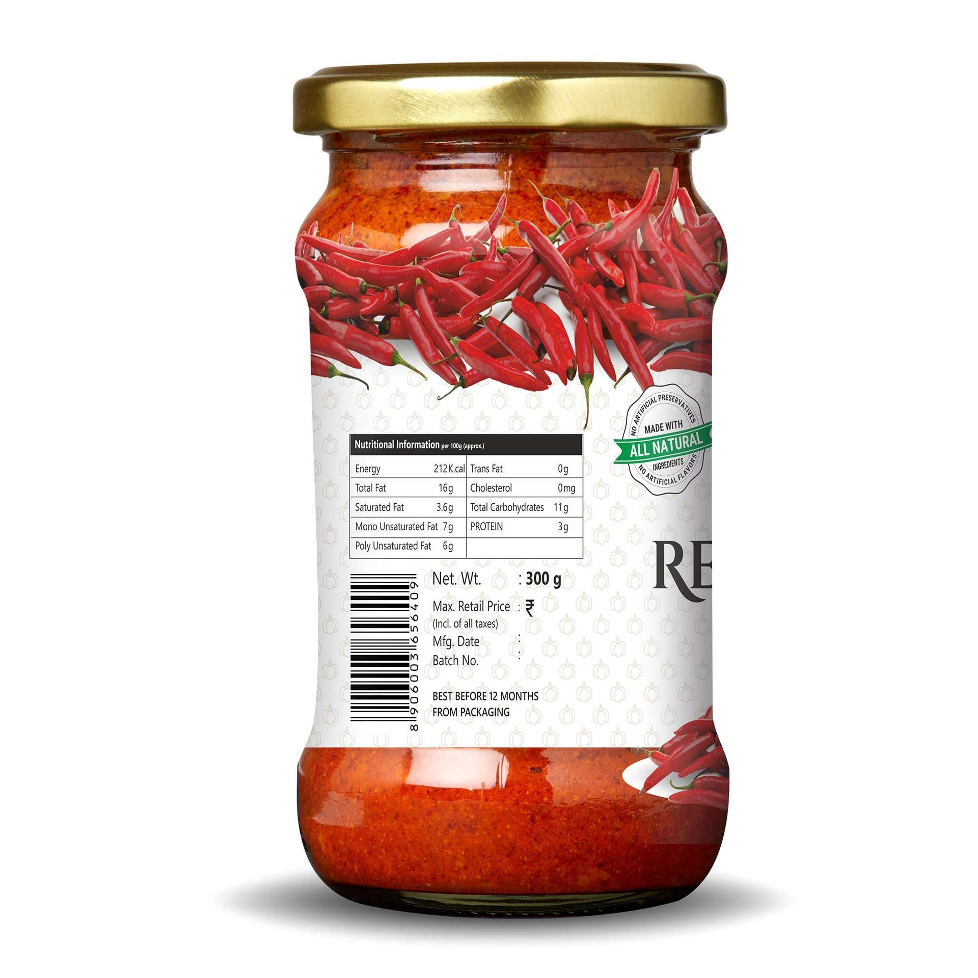 Nutritional facts label on Three Mango Red Chilli Pickle jar highlighting healthy ingredients and spicy red chillies.