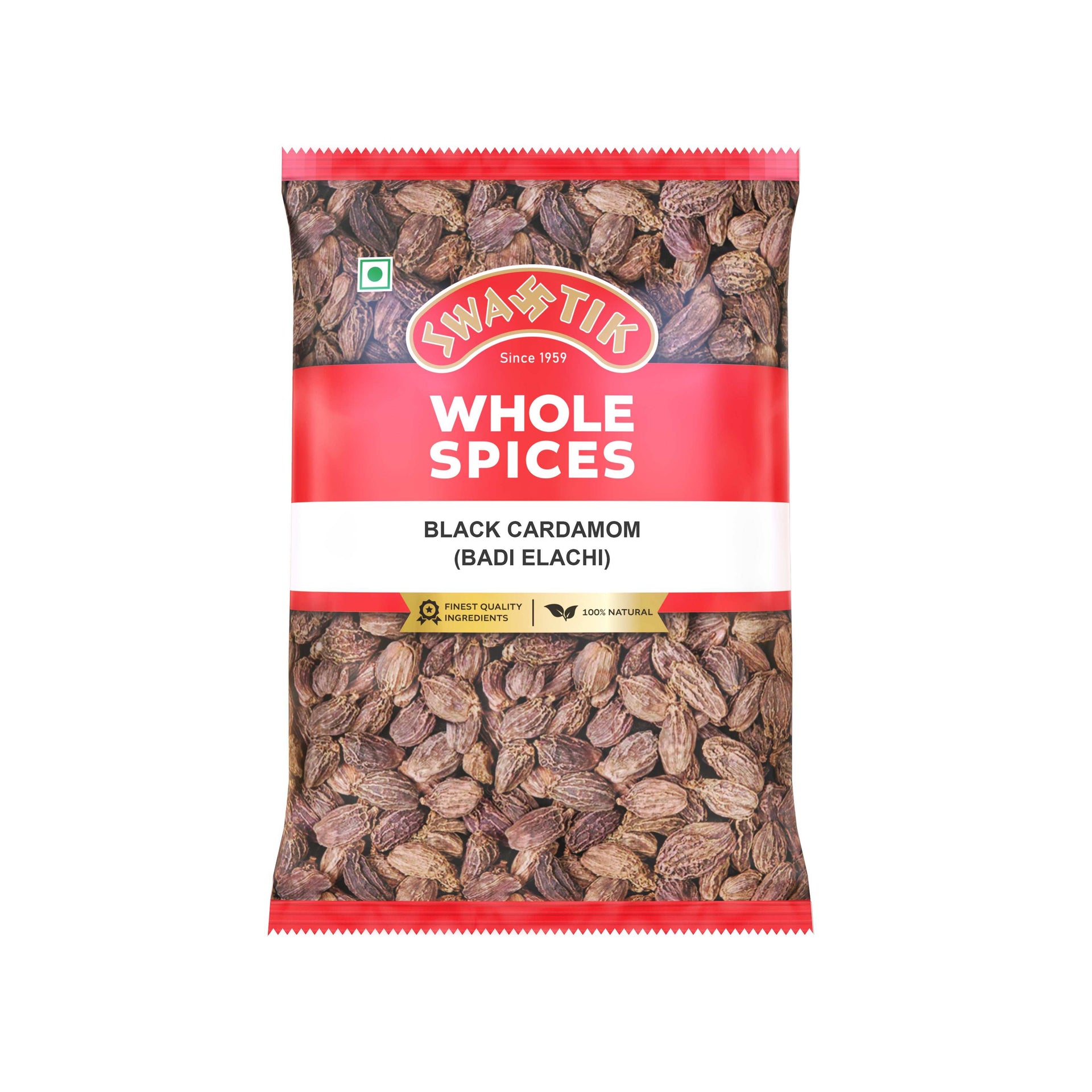 Swastik  Black Cardamom 50gm pack – red and white packaging with visible Black Cardamom pods, labeled 100% natural and finest quality ingredients.