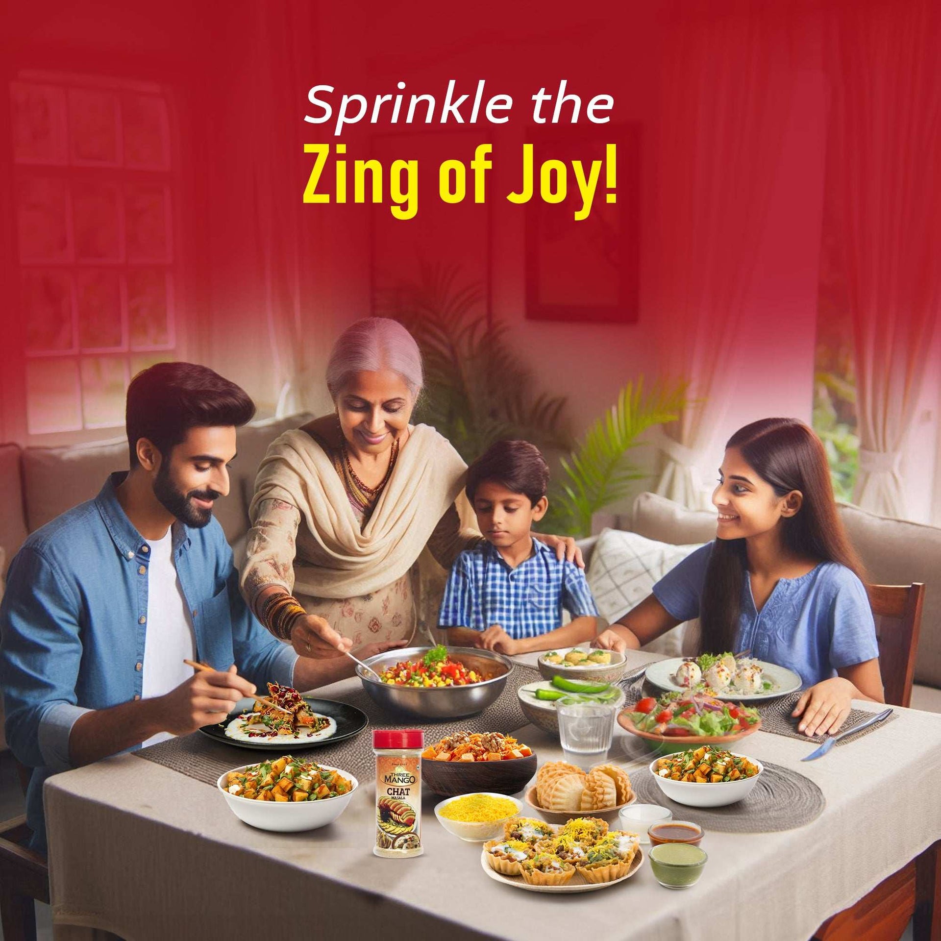 Happy Indian family enjoying a flavorful meal together with Three Mango Chat Masala adding a zing of joy to their dishes.