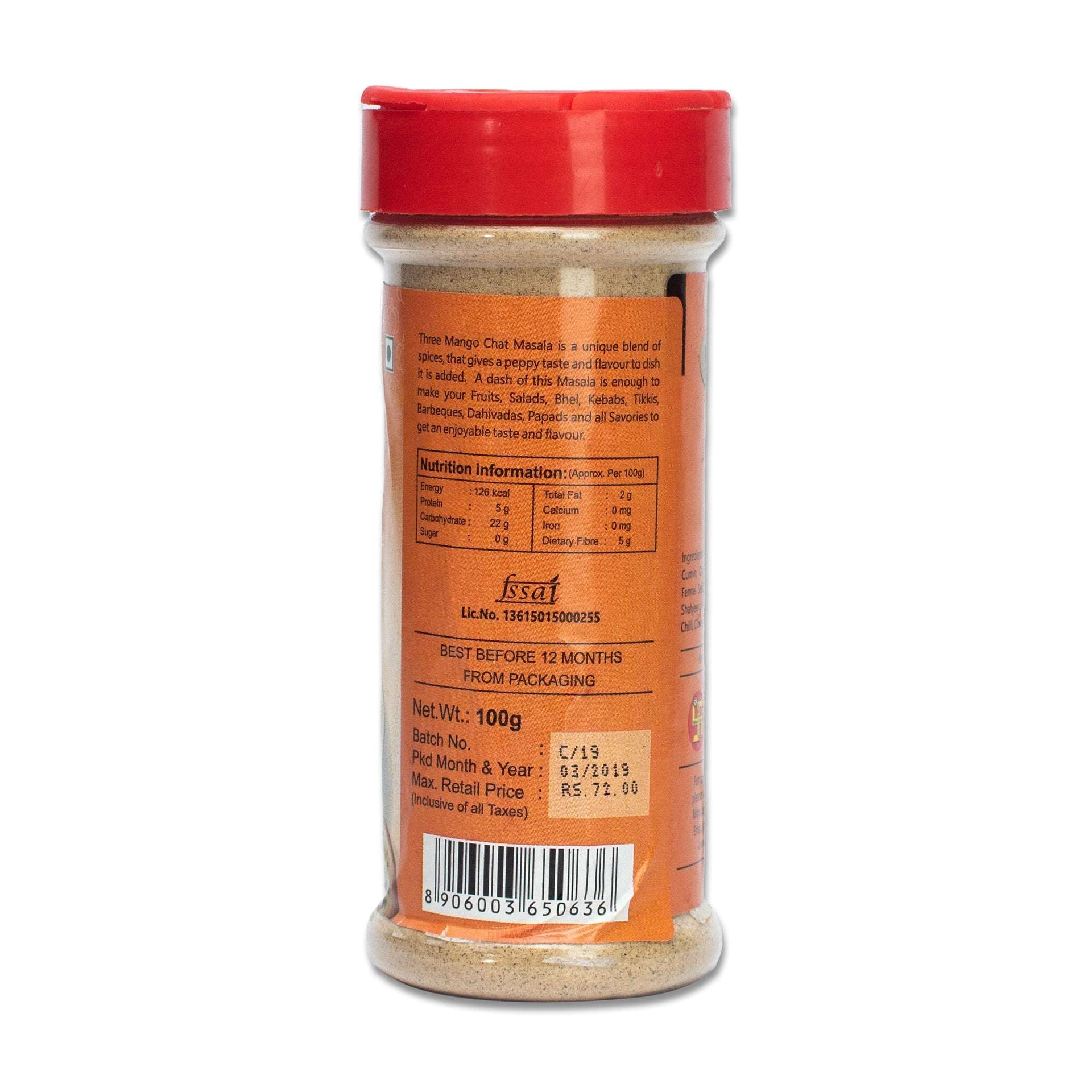 Back label of Three Mango Chat Masala spice bottle showing nutritional information, ingredients, and packaging details.