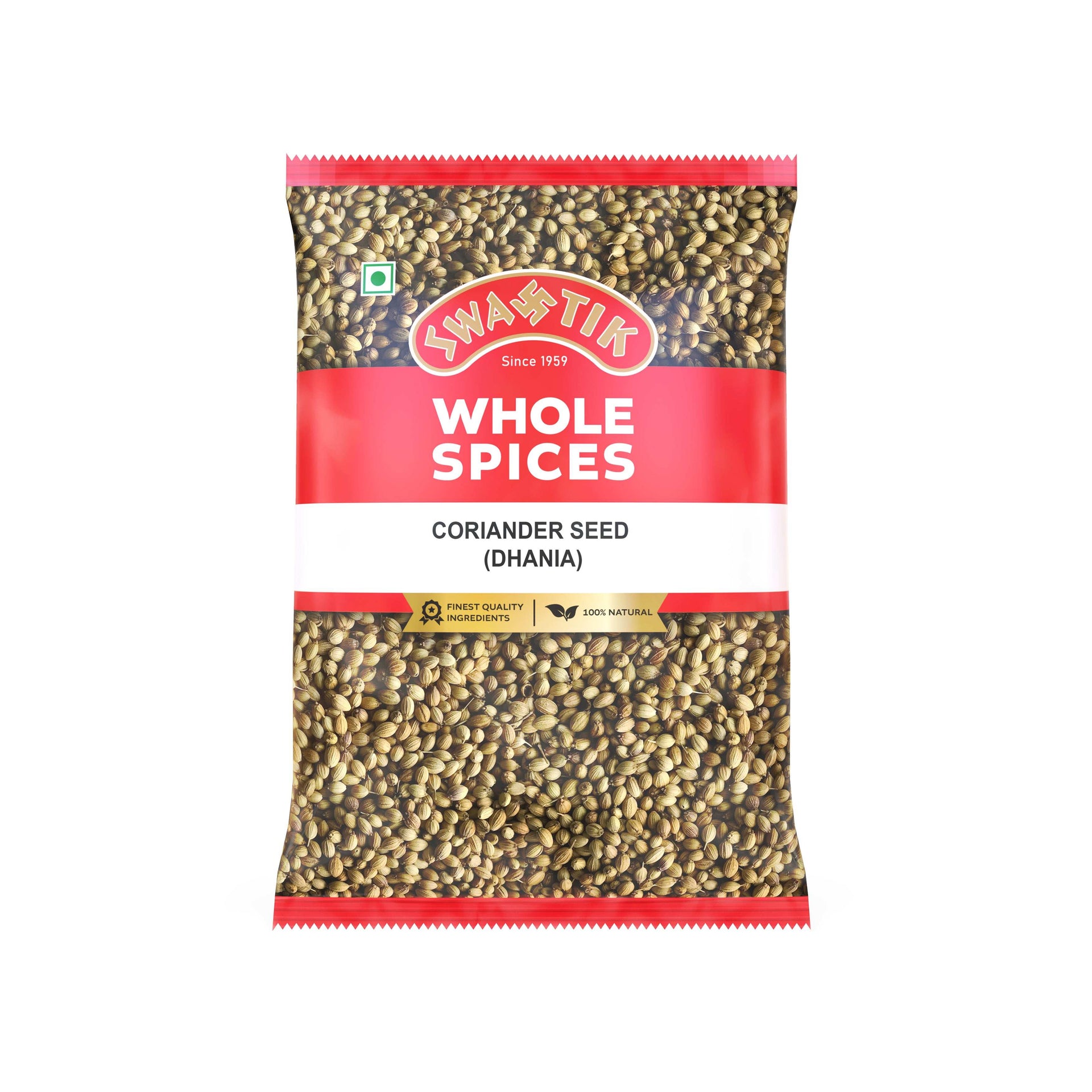 Swastik Coriander Seeds 50gm pack – red and white packaging with visible Coriander seeds, labeled 100% natural and finest quality ingredients.