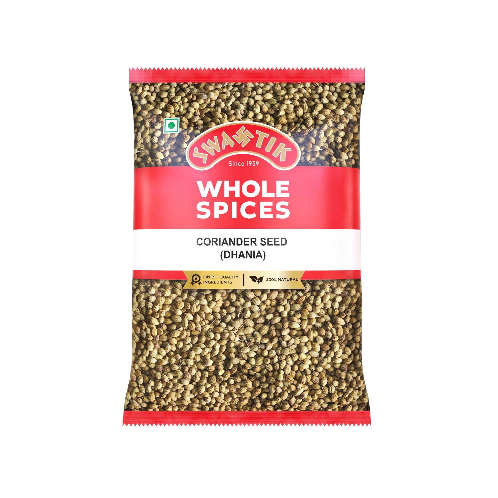Swastik Coriander Seeds 25gm pack – red and white packaging with visible Coriander seeds, labeled 100% natural and finest quality ingredients.