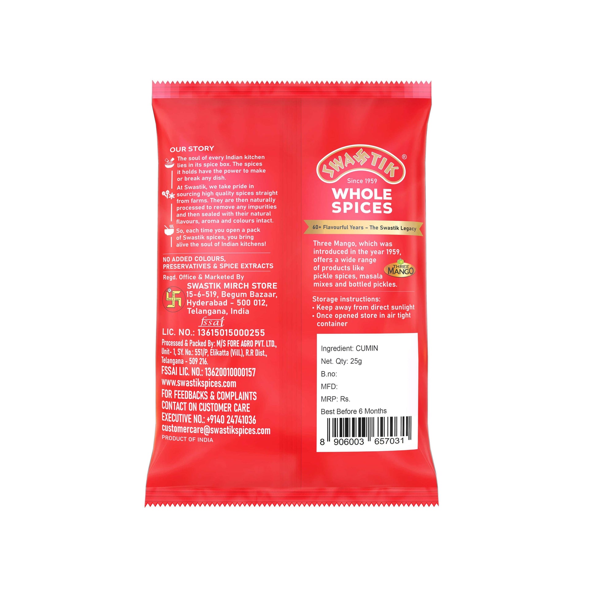 Swastik Cumin 25gm pack back view showing brand story, manufacturing details, storage instructions, barcode, and ingredient listing.