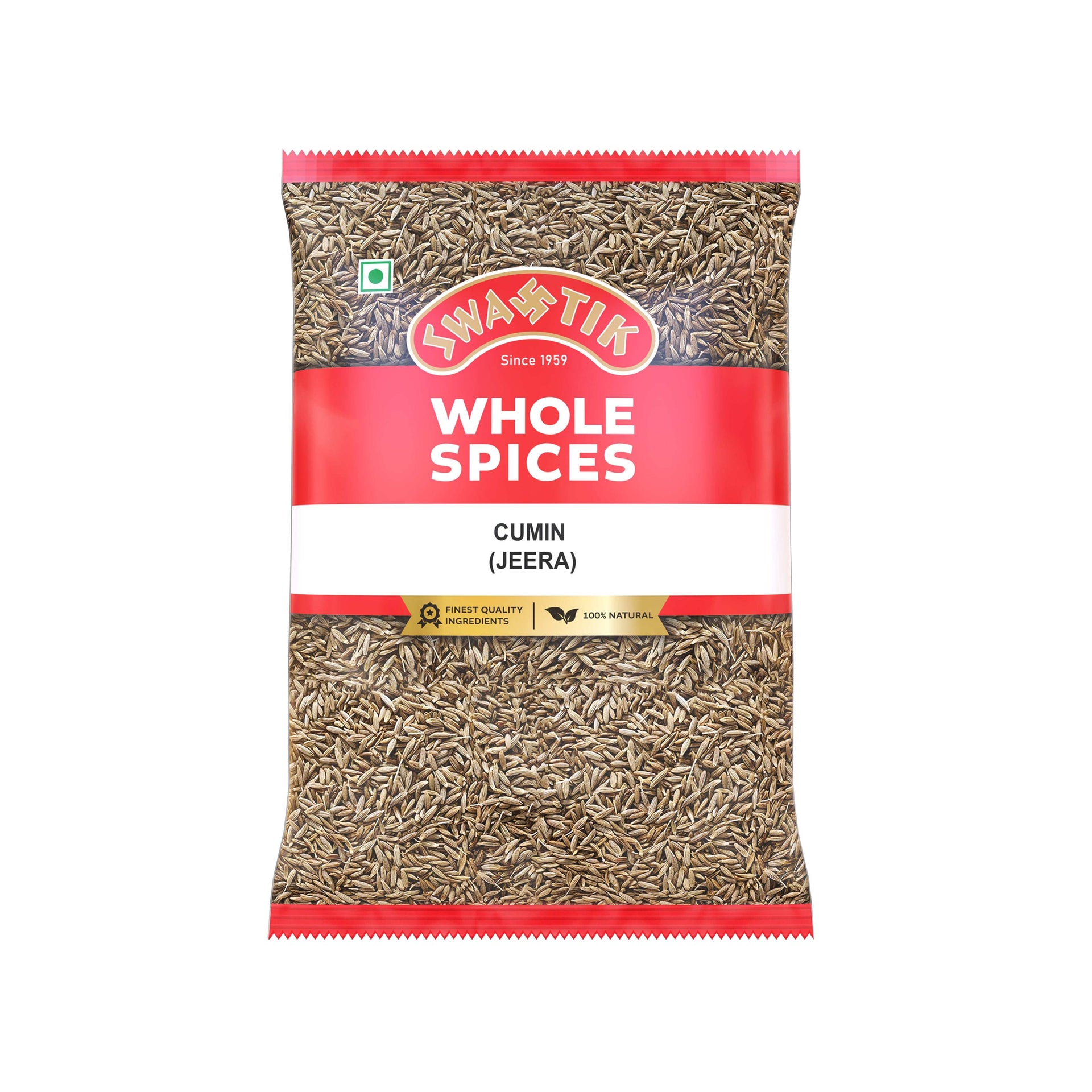 Swastik Cumin 25gm pack – red and white packaging with visible Cumin seeds, labeled 100% natural and finest quality ingredients.