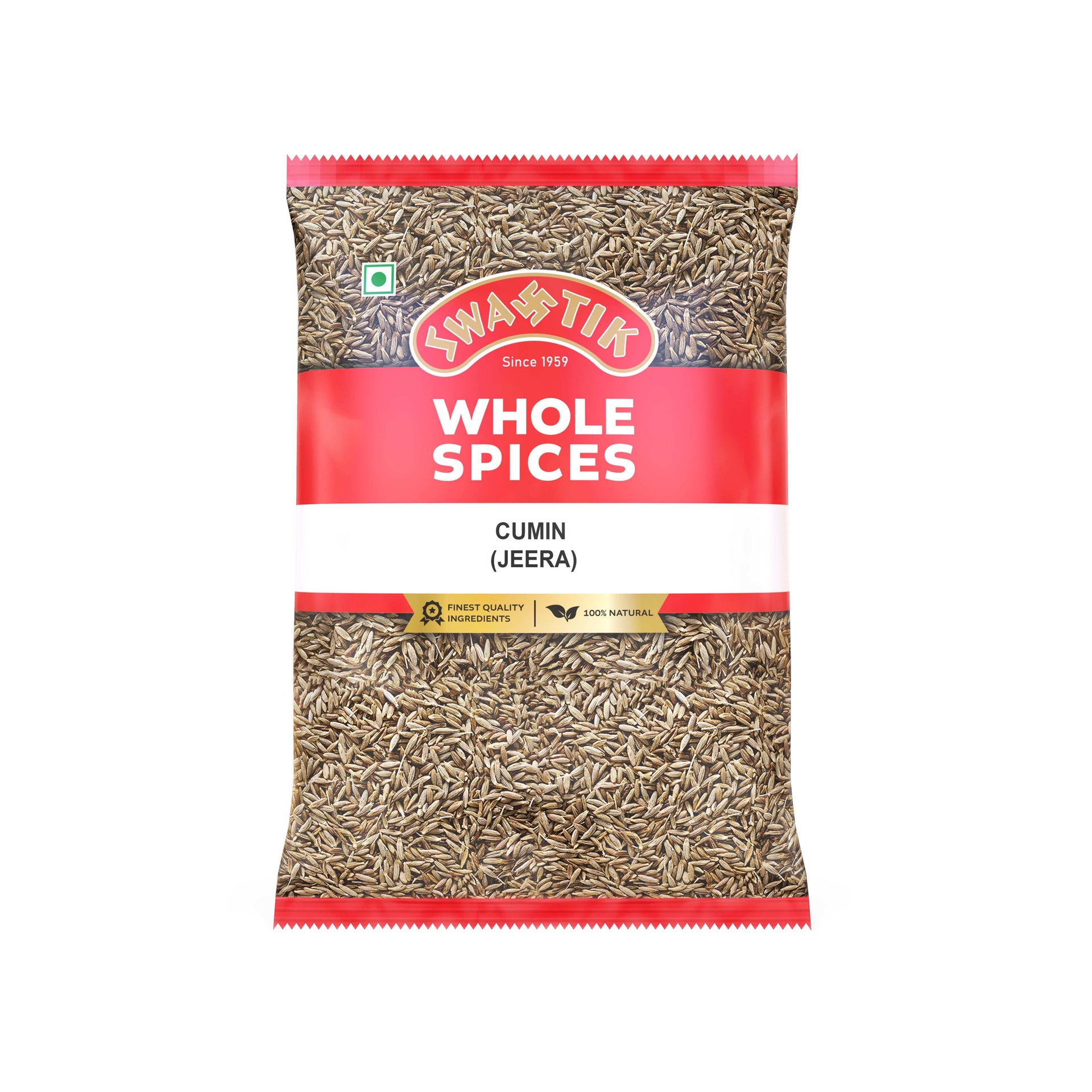 Swastik Cumin 50gm pack – red and white packaging with visible seeds, labeled 100% natural and finest quality ingredients.