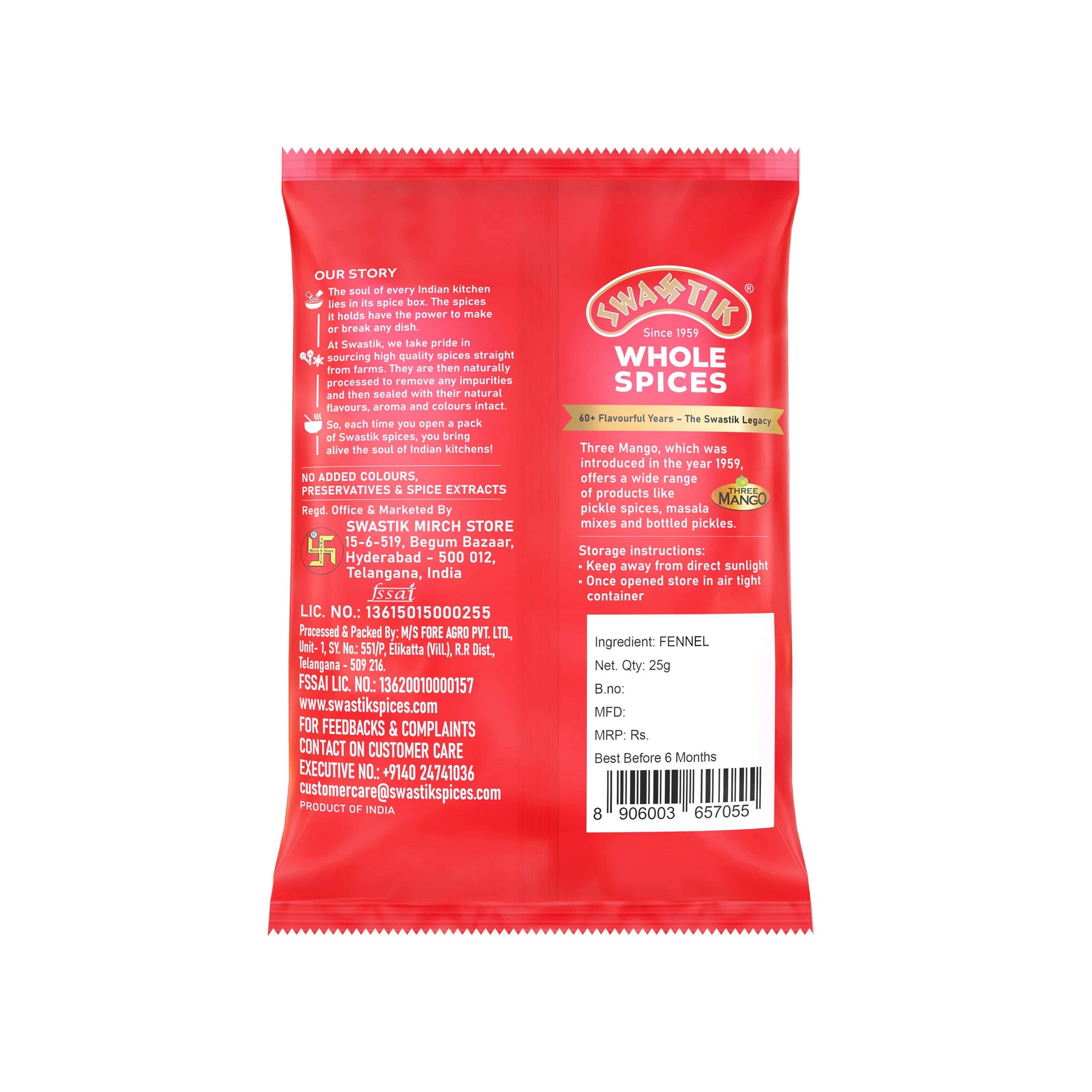 Swastik Fennel Seeds 25gm pack back view showing brand story, manufacturing details, storage instructions, barcode, and ingredient listing.
