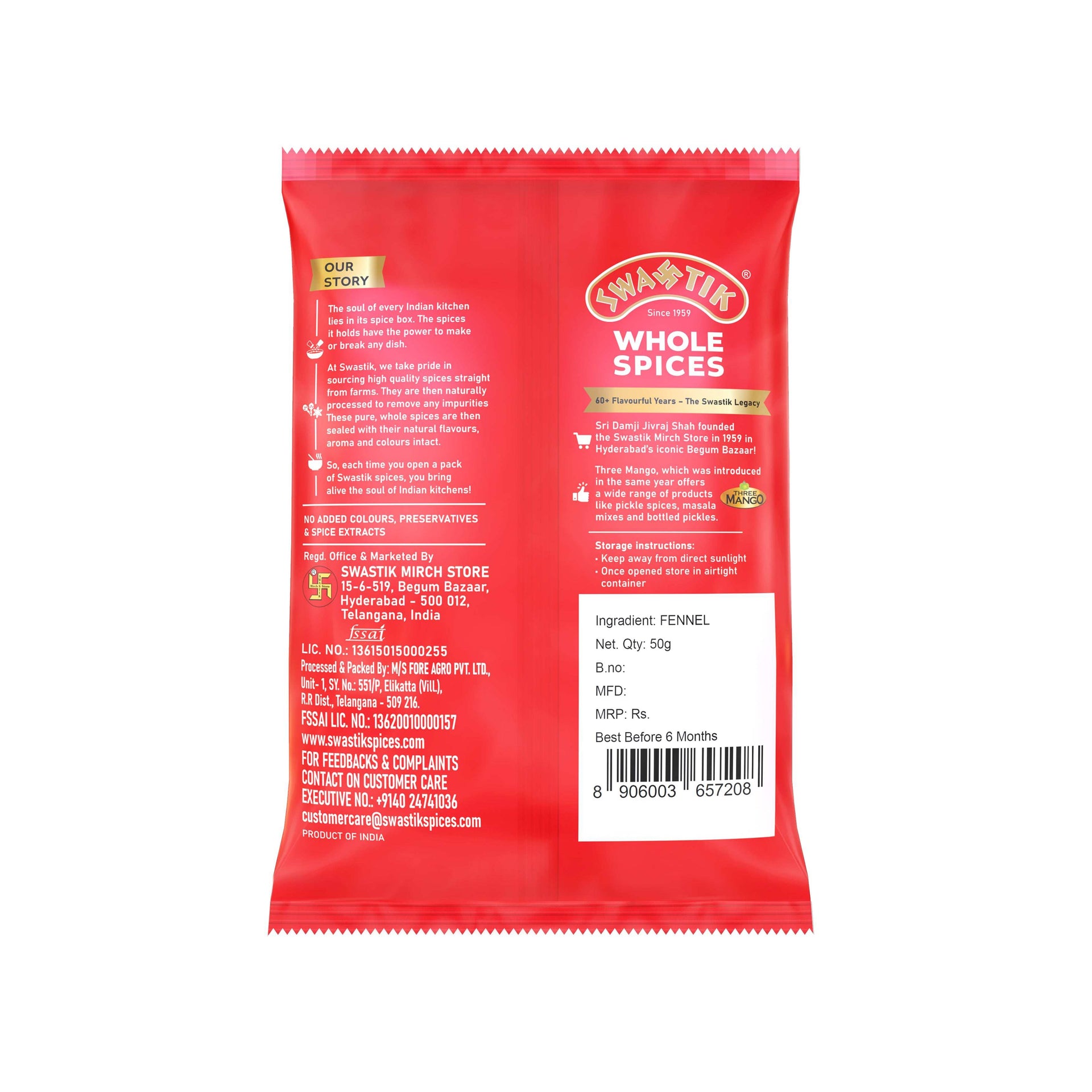 Swastik Fennel Seeds 50gm pack back view showing brand story, manufacturing details, storage instructions, barcode, and ingredient listing.