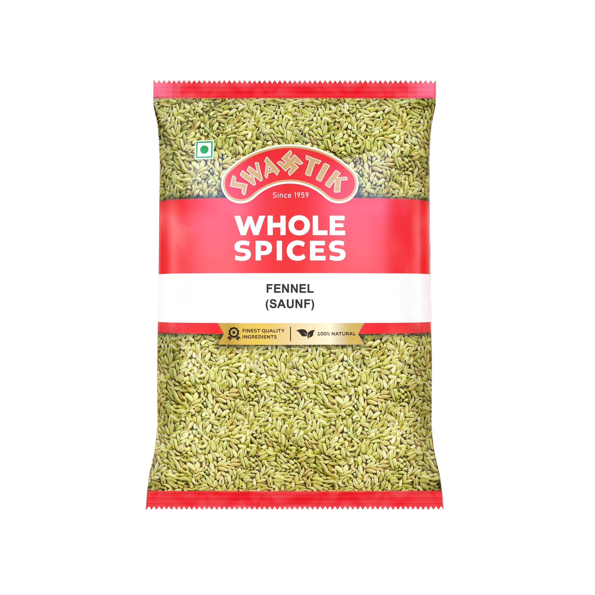 Swastik Fennel Seeds 50gm pack – red and white packaging with visible seeds, labeled 100% natural and finest quality ingredients.