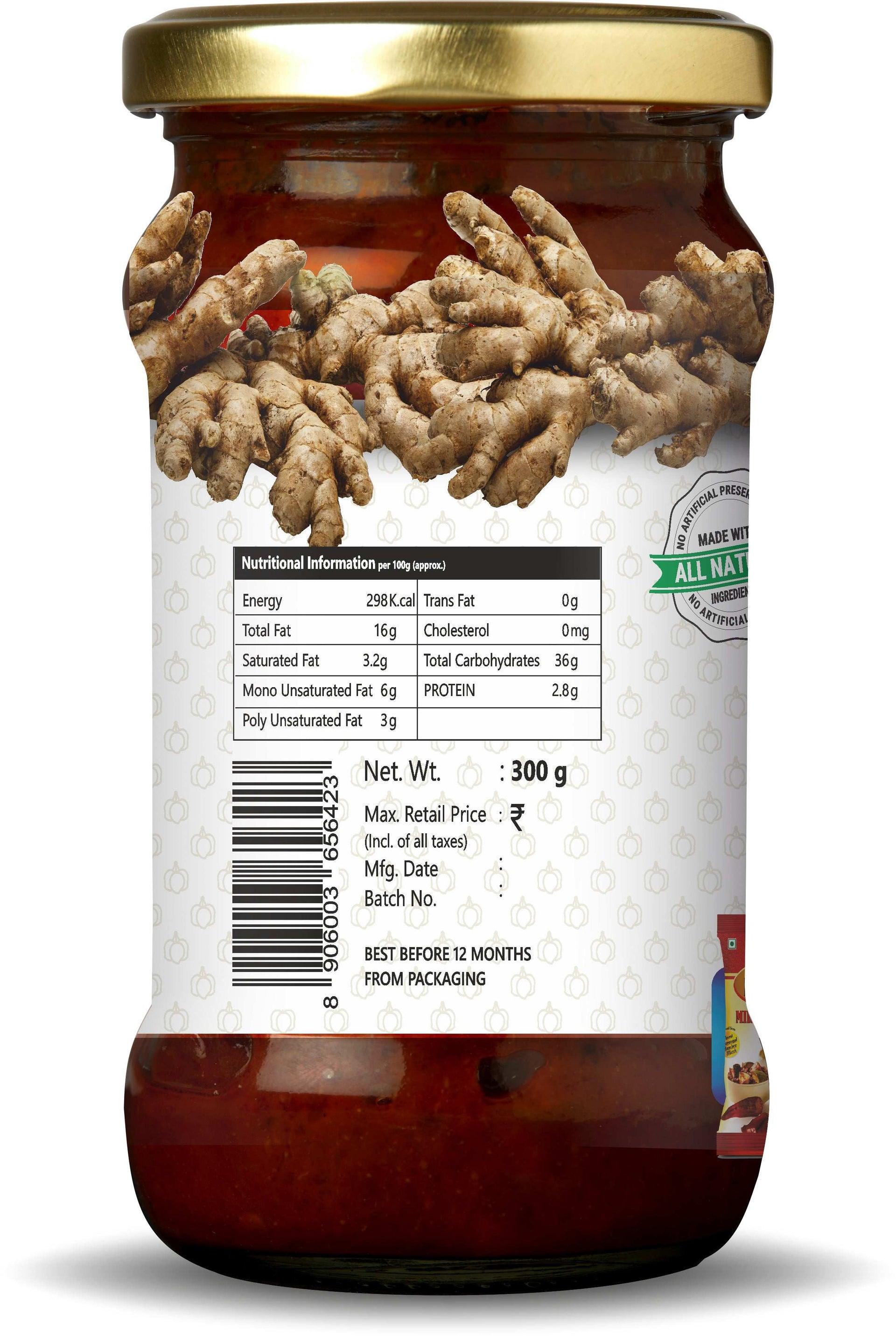 Back of Three Mango Ginger Pickle jar 300g showing nutritional information, barcode, net weight, and expiry details on white label with ginger root graphics.