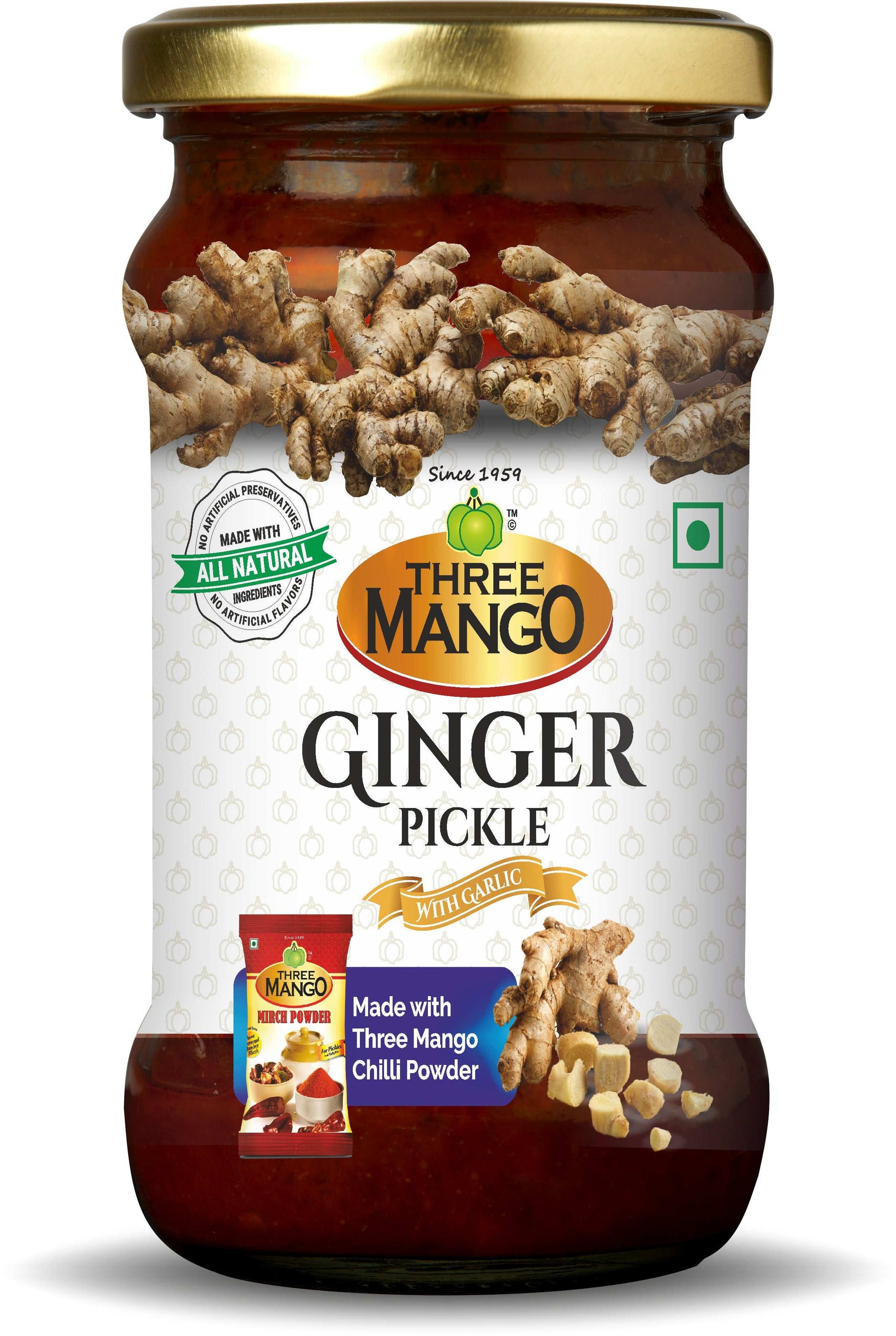 Three Mango Ginger Pickle jar with garlic, featuring all natural label and made with Three Mango chilli powder, with fresh ginger roots and diced ginger on white packaging.