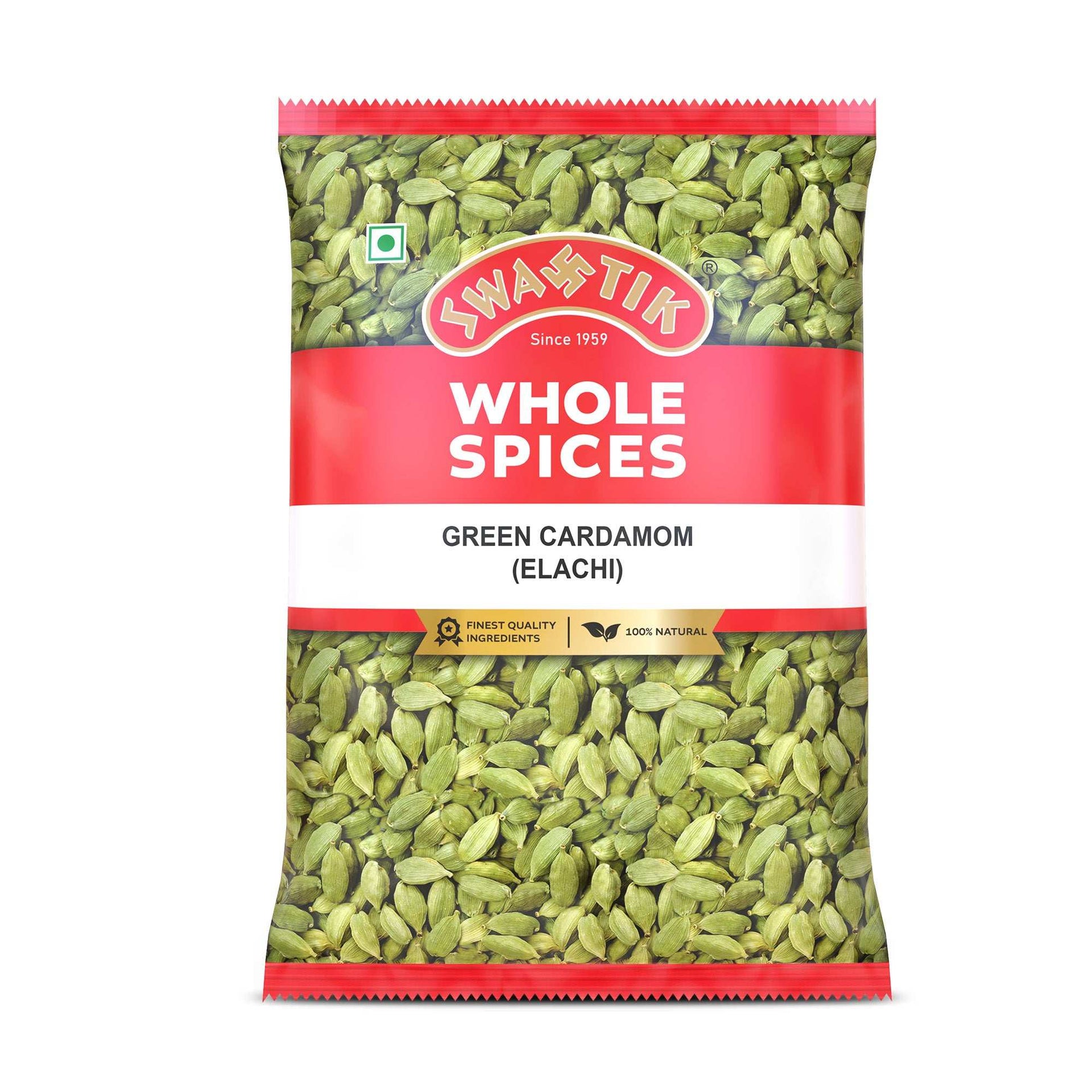 Swastik  Green Cardamom pack – red and white packaging with visible seeds, labeled 100% natural and finest quality ingredients.