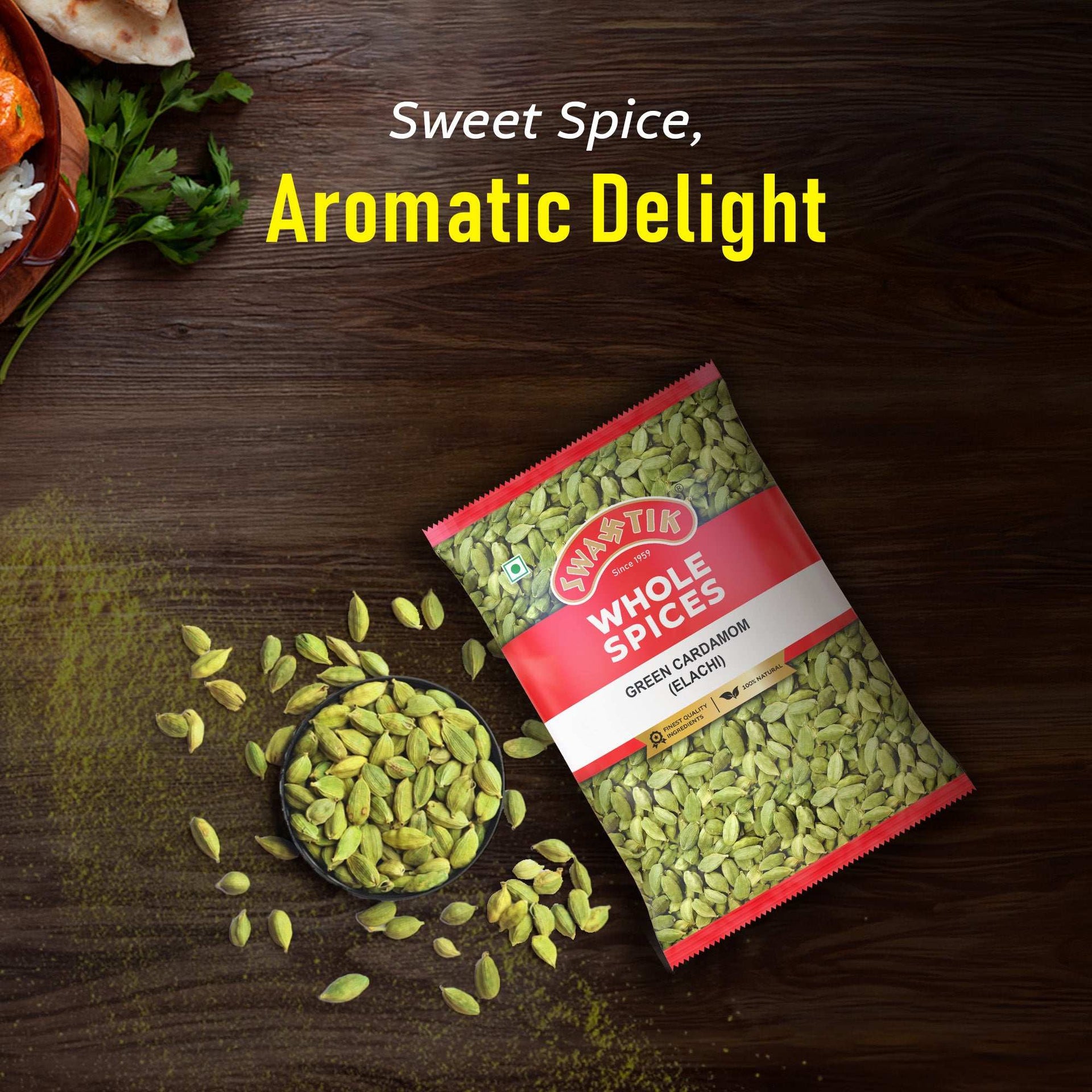 Green cardamom (elaichi) whole spices by Swastik, displayed with fresh pods and text highlighting sweet aromatic flavor.