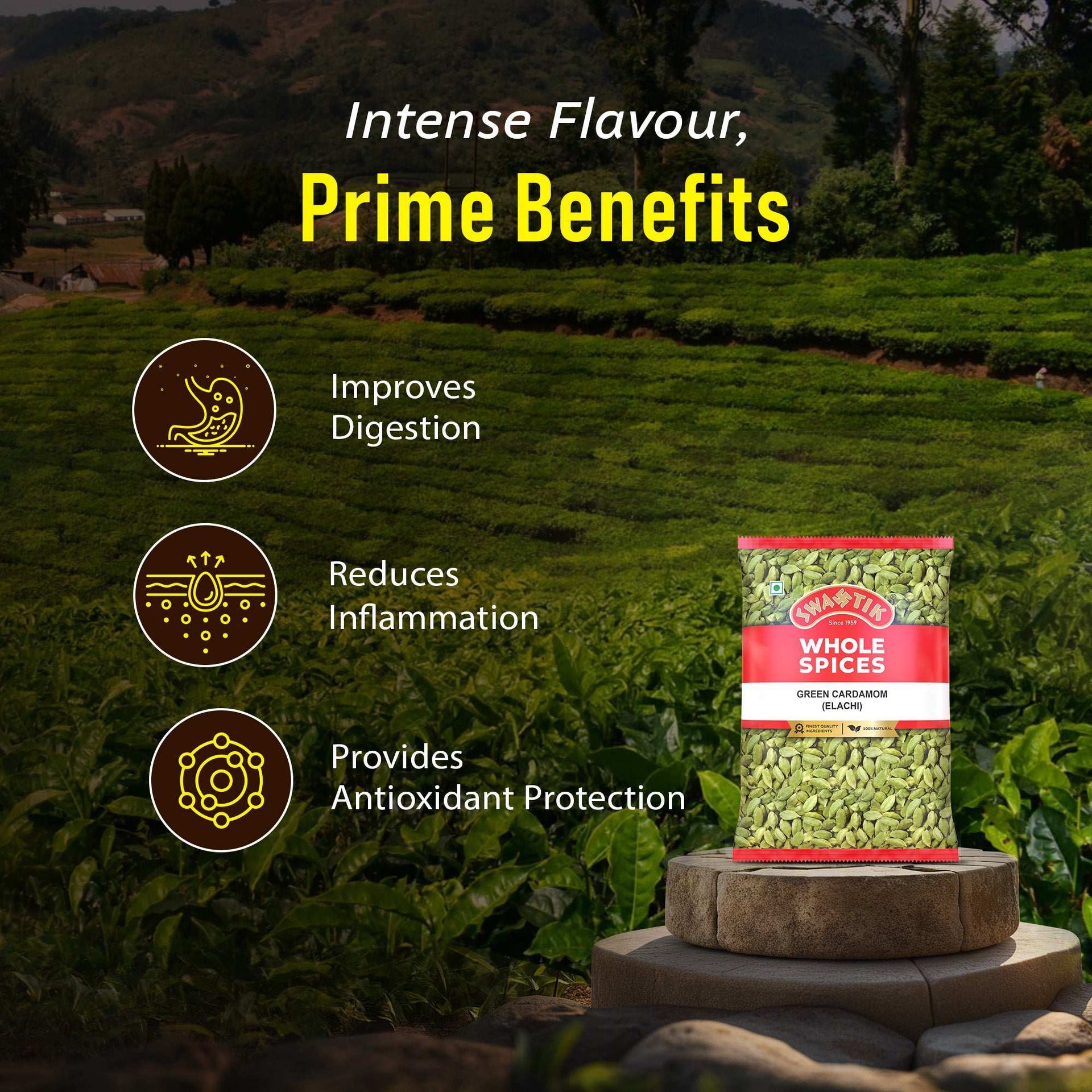 Swastik Green Cardamom showcased in a spice farm landscape with highlighted benefits: digestion, inflammation reduction, antioxidant support.
